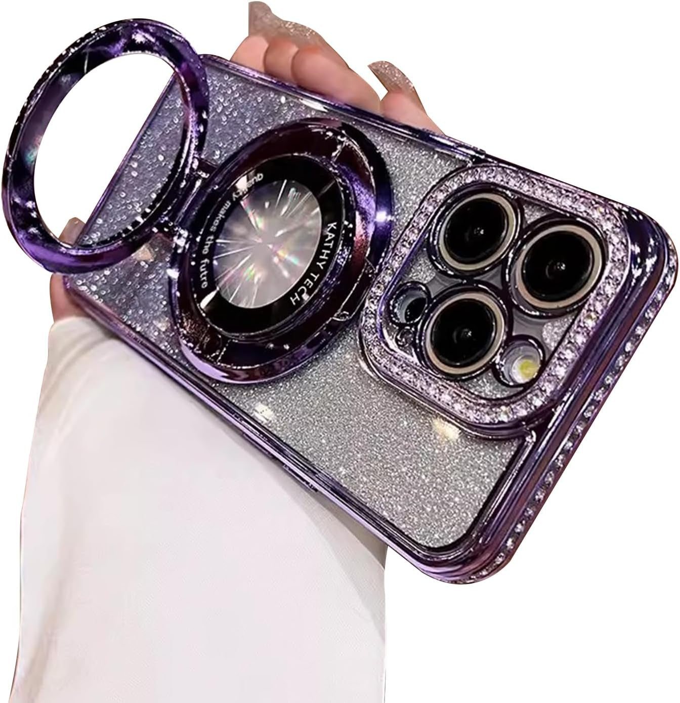 Fycyko Magnetic Case for Iphone 14 Pro with Holder Stand,Rhinestone Glitter Plated Bling Luxury Phone Case（Compatible with Magsafe） Shockproof Kickstand Design for Iphone 14 Pro-Purple  Fycyko   