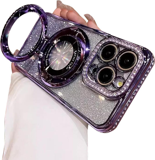 Fycyko Magnetic Case for Iphone 14 Pro with Holder Stand,Rhinestone Glitter Plated Bling Luxury Phone Case（Compatible with Magsafe） Shockproof Kickstand Design for Iphone 14 Pro-Purple  Fycyko   