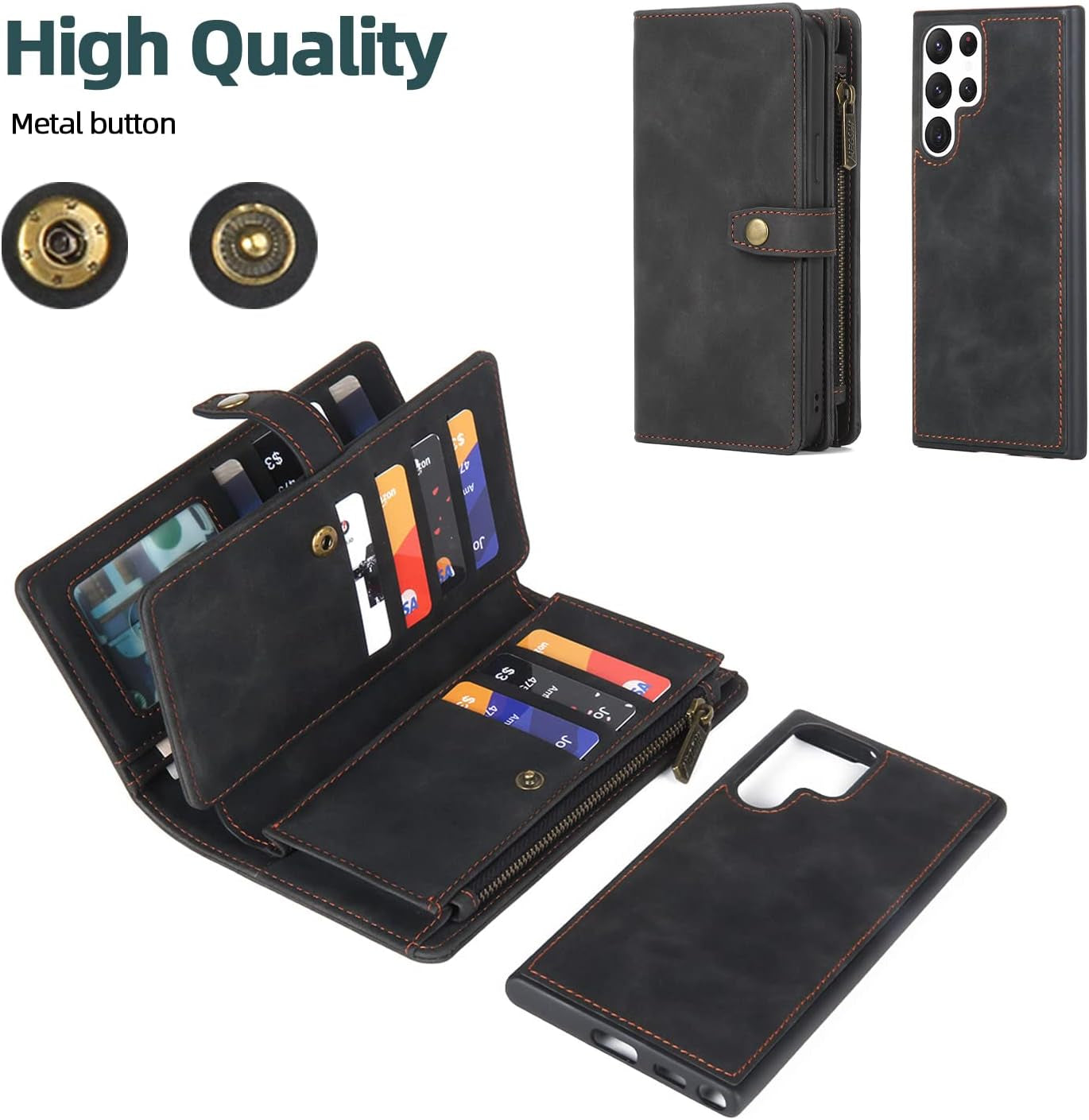 For Samsung Galaxy S22 Ultra Wallet Case with Card Holder & Detachable Magnetic Phone Case, Leather All-Round Protection Wallet Phone Case for Women Men,6.8In,Black