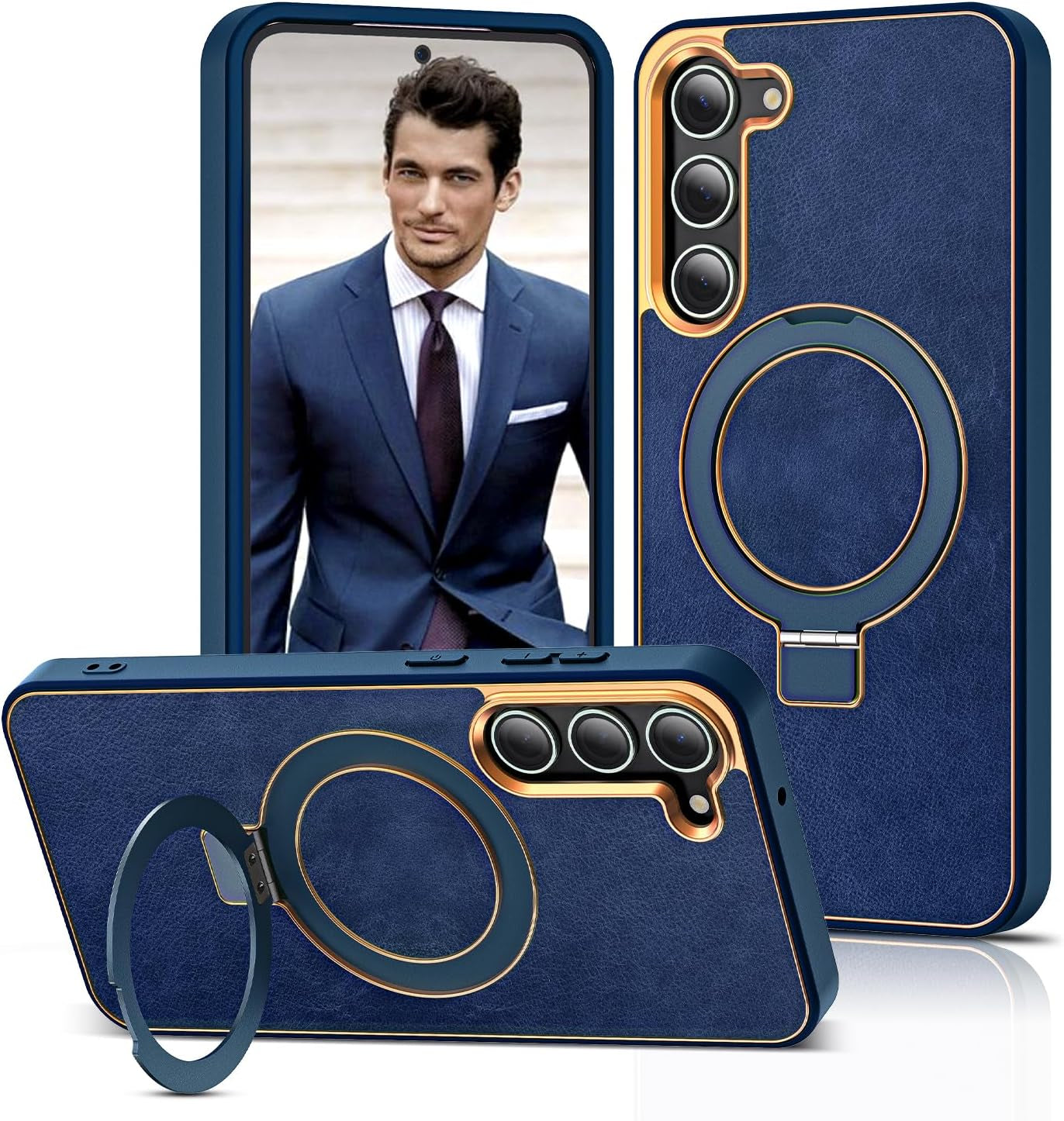 Designed for Samsung Galaxy S22 plus Case with Magnetic O-Ring Stand Leather Luxury Business Phone Cases for S22 plus 6.6" Compatible with Magsafe [Military Grade Protection],Red