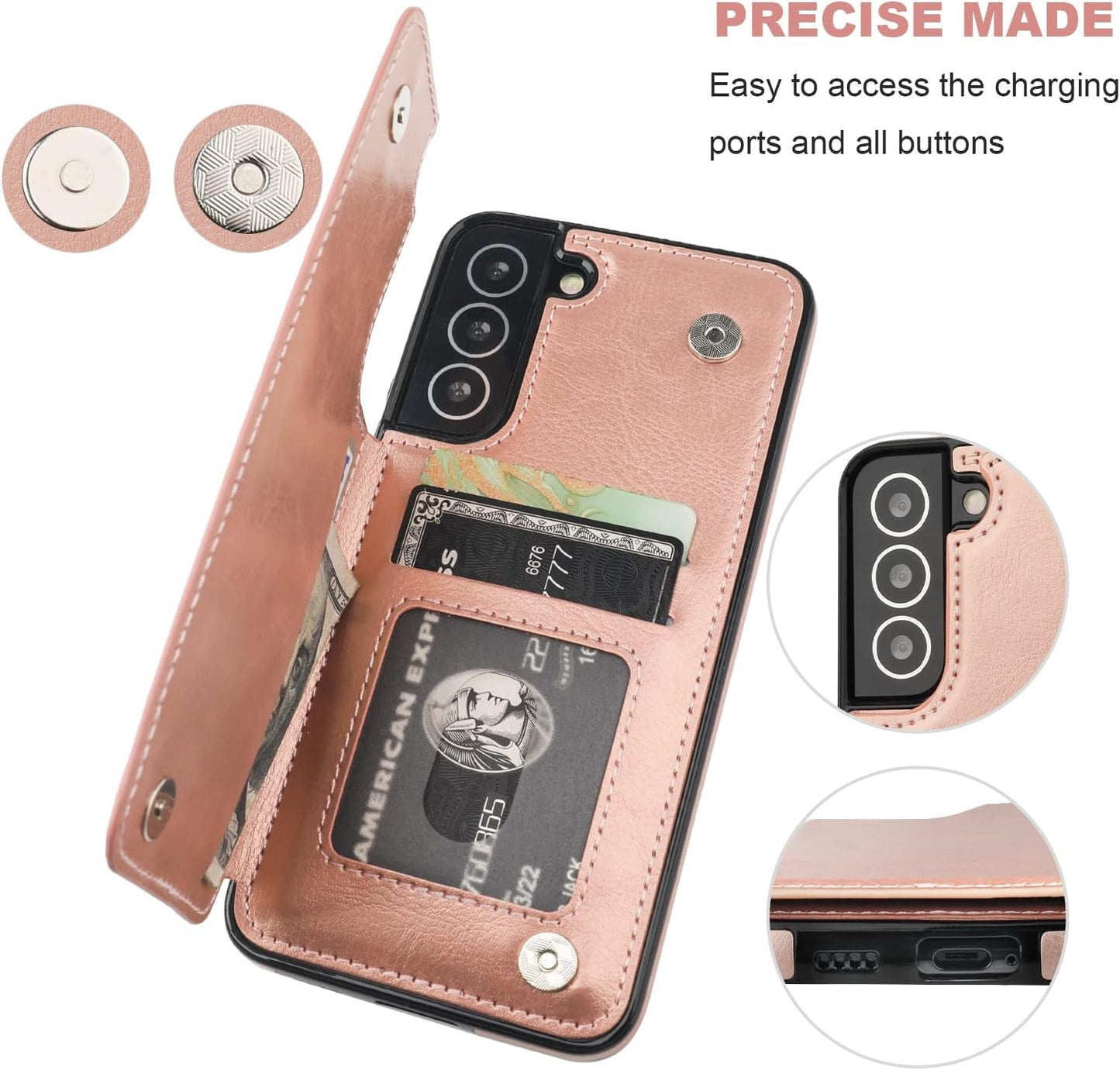 Compatible with Samsung Galaxy S22 plus Wallet Case with Card Holder, PU Leather Kickstand Card Slots Case, Double Magnetic Clasp and Durable Shockproof Cover 5G 6.6 Inch(Rose Gold)