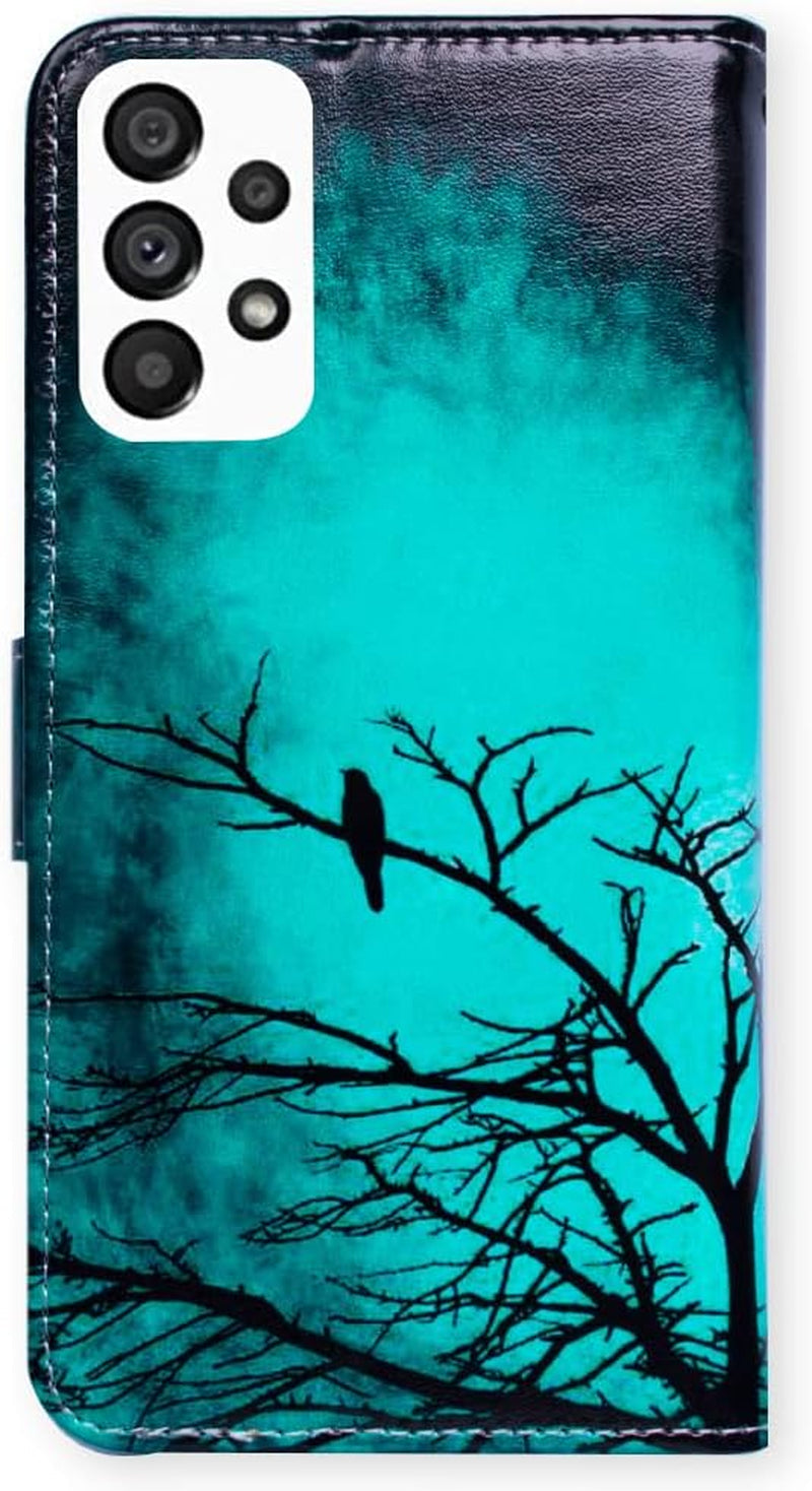 Bcov Galaxy A53 Case, Black Bird Green Leather Flip Phone Case Wallet Cover with Card Slot Holder Kickstand for Samsung Galaxy A53 5G