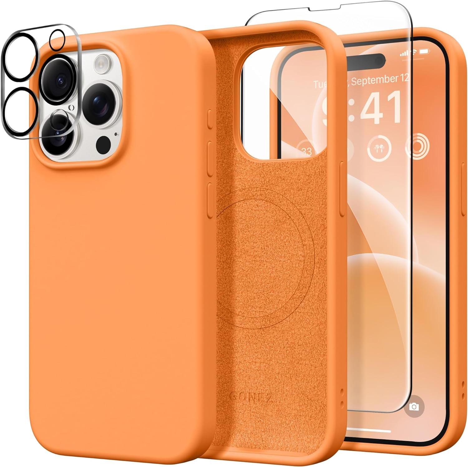 GONEZ for Iphone 15 Pro Case Compatible with Magsafe, [2X Screen Protector + 2X Camera Lens Protector], Soft Silicone Shockproof Anti-Scratch Full Body Protective Phone Case 6.1" 2023, Dark Grey  GONEZ Orange  