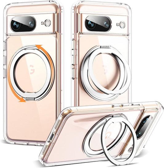 For Google Pixel 8 Case with 360° Rotatable Magnetic Ring Stand [Compatible with Mag-Safe][Military-Grade Protection] Shockproof Pixel 8 Phone Case 6.2" for Women Men, Clear  SKYLMW Clear  