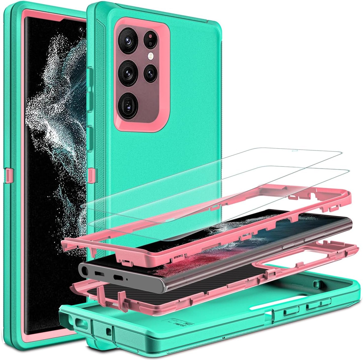 For Samsung Galaxy S22 Ultra Case, S22 Ultra Case with Self Healing Flexible TPU Screen Protector [2 Pack], 3 in 1 Shockproof Heavy Duty Case for Samsung S22 Ultra 5G (Blue/Turquoise)