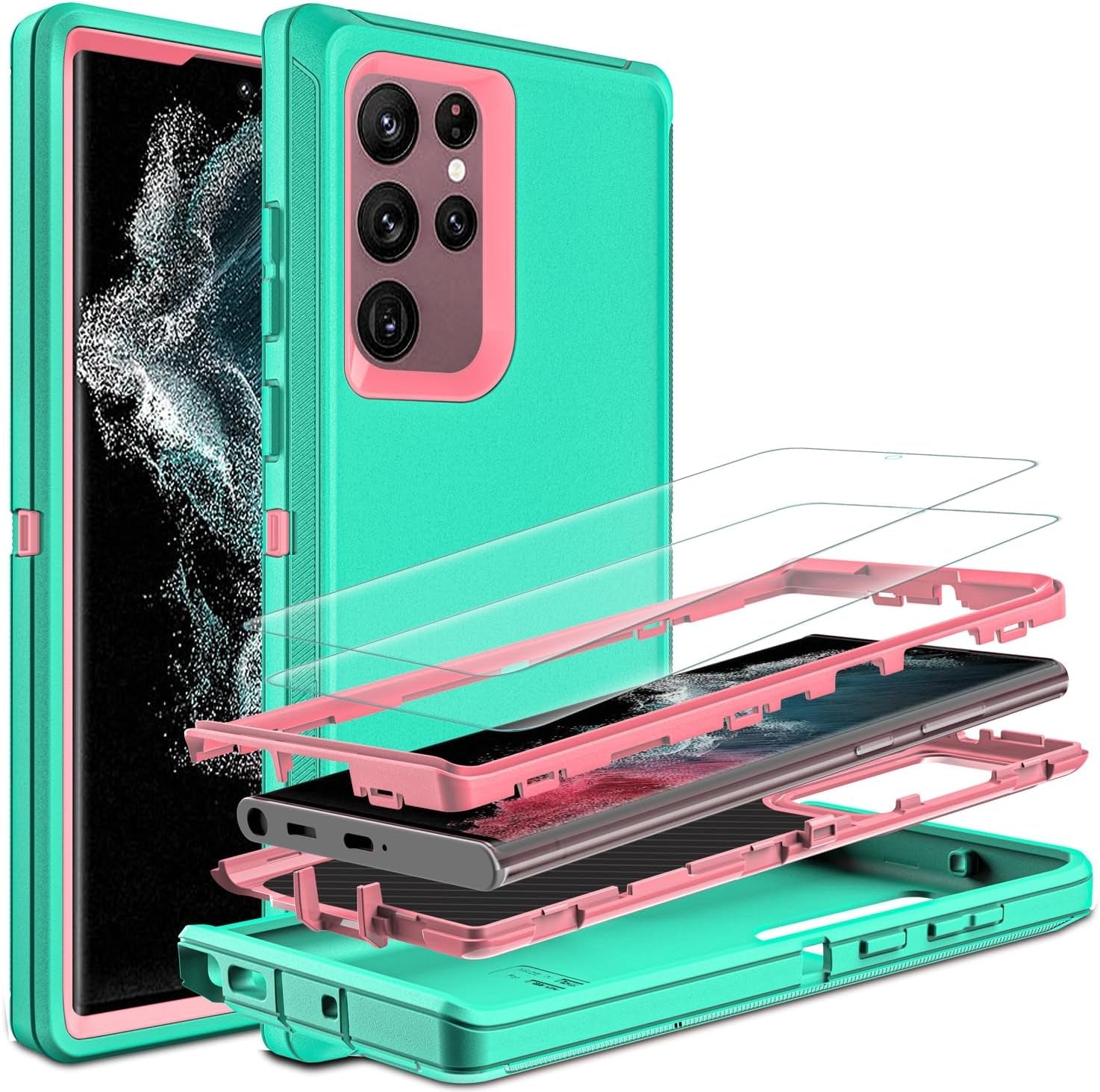 For Samsung Galaxy S22 Ultra Case, S22 Ultra Case with Self Healing Flexible TPU Screen Protector [2 Pack], 3 in 1 Shockproof Heavy Duty Case for Samsung S22 Ultra 5G (Blue/Turquoise)