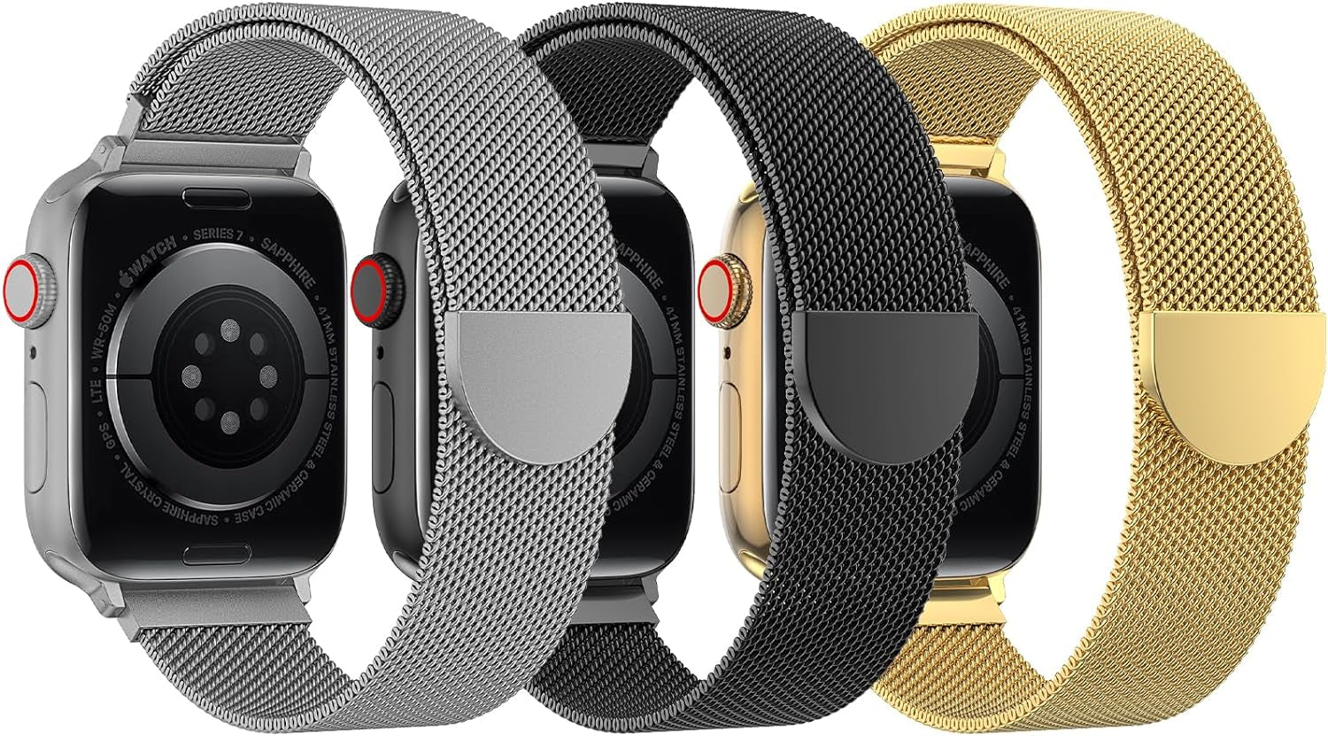 BELONGME 3 Pack Mesh Loop Compatible with Apple Watch Band 40Mm 41Mm 38Mm 42Mm 44Mm 45Mm 49Mm Series Ultra SE 9 8 7 6 5 4 3 2 1 Women Men, Stainless Steel Metal Strap Magnetic Clasp for Iwatch Bands