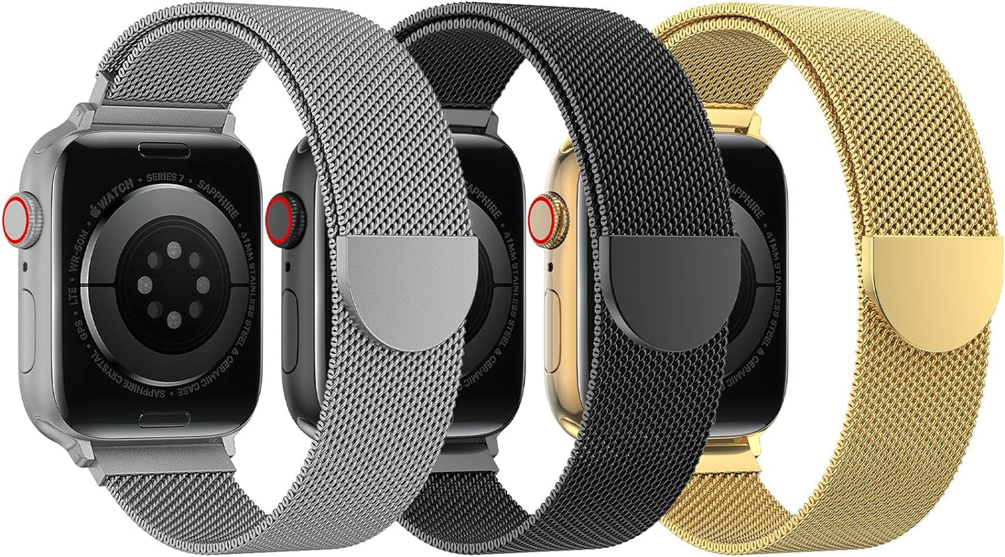 BELONGME 3 Pack Mesh Loop Compatible with Apple Watch Band 40Mm 41Mm 38Mm 42Mm 44Mm 45Mm 49Mm Series Ultra SE 9 8 7 6 5 4 3 2 1 Women Men, Stainless Steel Metal Strap Magnetic Clasp for Iwatch Bands