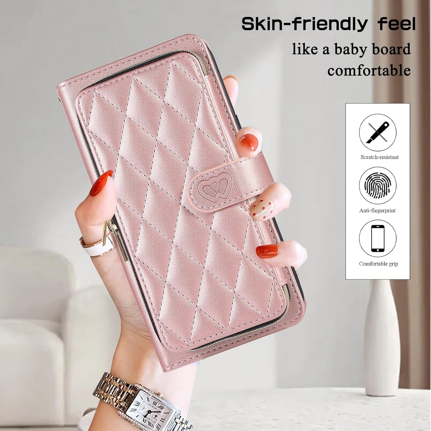 Furiet Wallet Case for Samsung Galaxy S22 Ultra 5G with Detachable Wrist Strap, 9+ Card Slots Zipper Purse, Luxury PU Leather Stand Full Body Phone Cover for S22Ultra 22S S 22 S22Ultra5G 6.8 Rose Gold