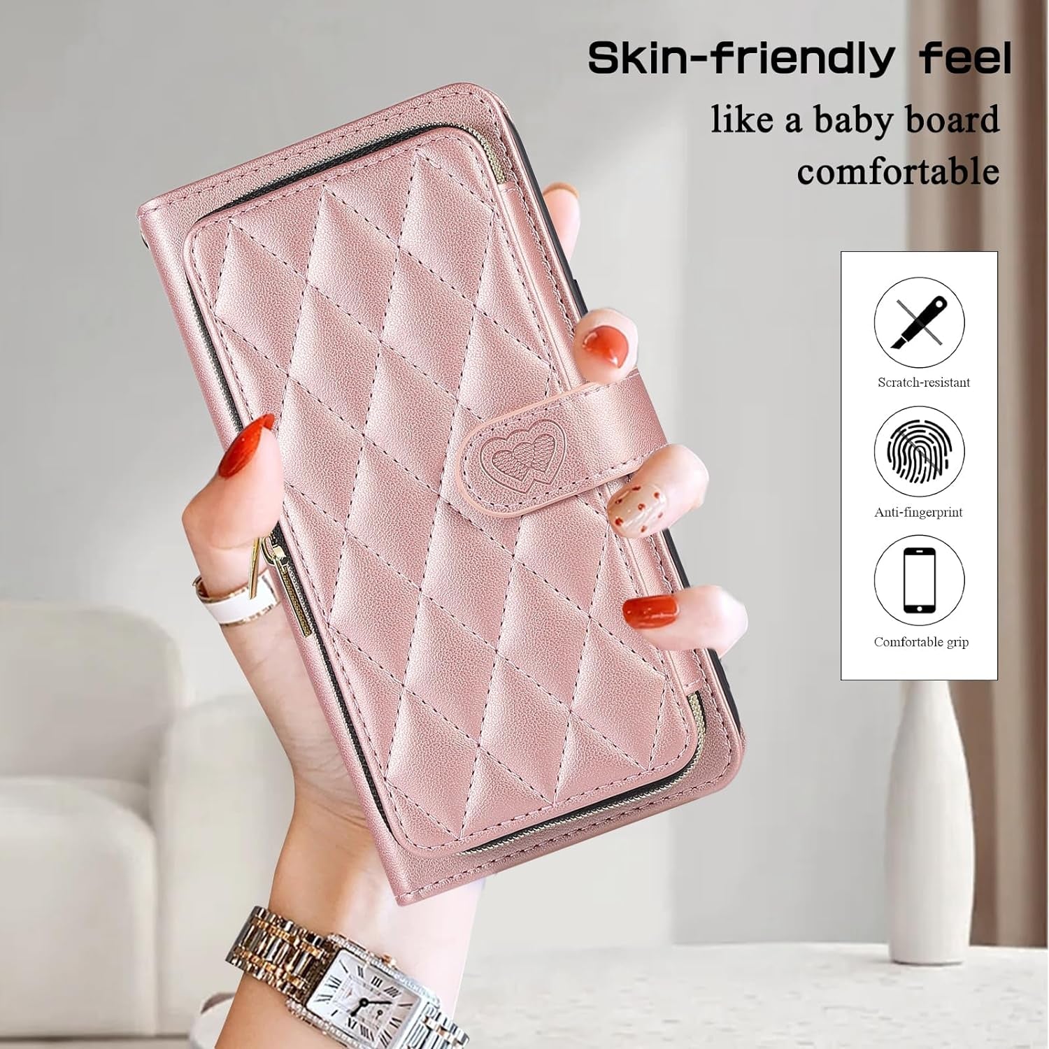 Furiet Wallet Case for Samsung Galaxy S22 Ultra 5G with Detachable Wrist Strap, 9+ Card Slots Zipper Purse, Luxury PU Leather Stand Full Body Phone Cover for S22Ultra 22S S 22 S22Ultra5G 6.8 Rose Gold