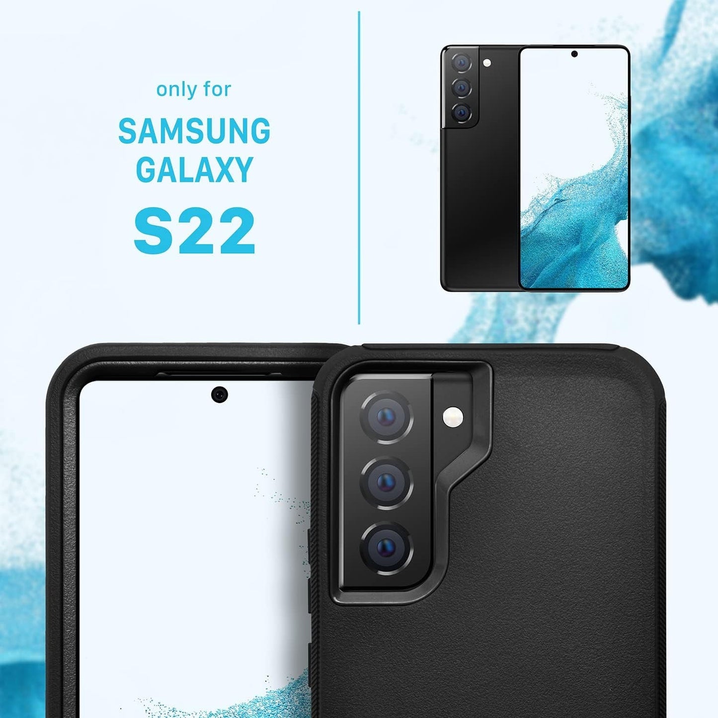 Galaxy S22 Case, Drop Protection Rugged Heavy Duty Case, Water-Resistance Shockproof Dustproof Military Grade Tough Durable Protective Cover for Samsung Black