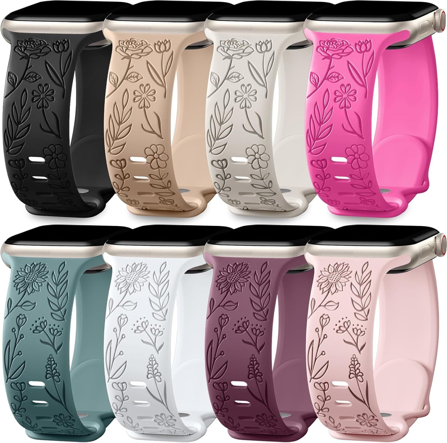 Easuny 8 Pack Bands for Women Apple Watch 40Mm 41Mm 38Mm 42Mm 44Mm 45Mm 49Mm Iwatch Series 9 8 7 6 5 4 3 Ultra 2/1 SE SE 2Nd, Soft Silicone Floral Engraved Dressy Wrist Straps