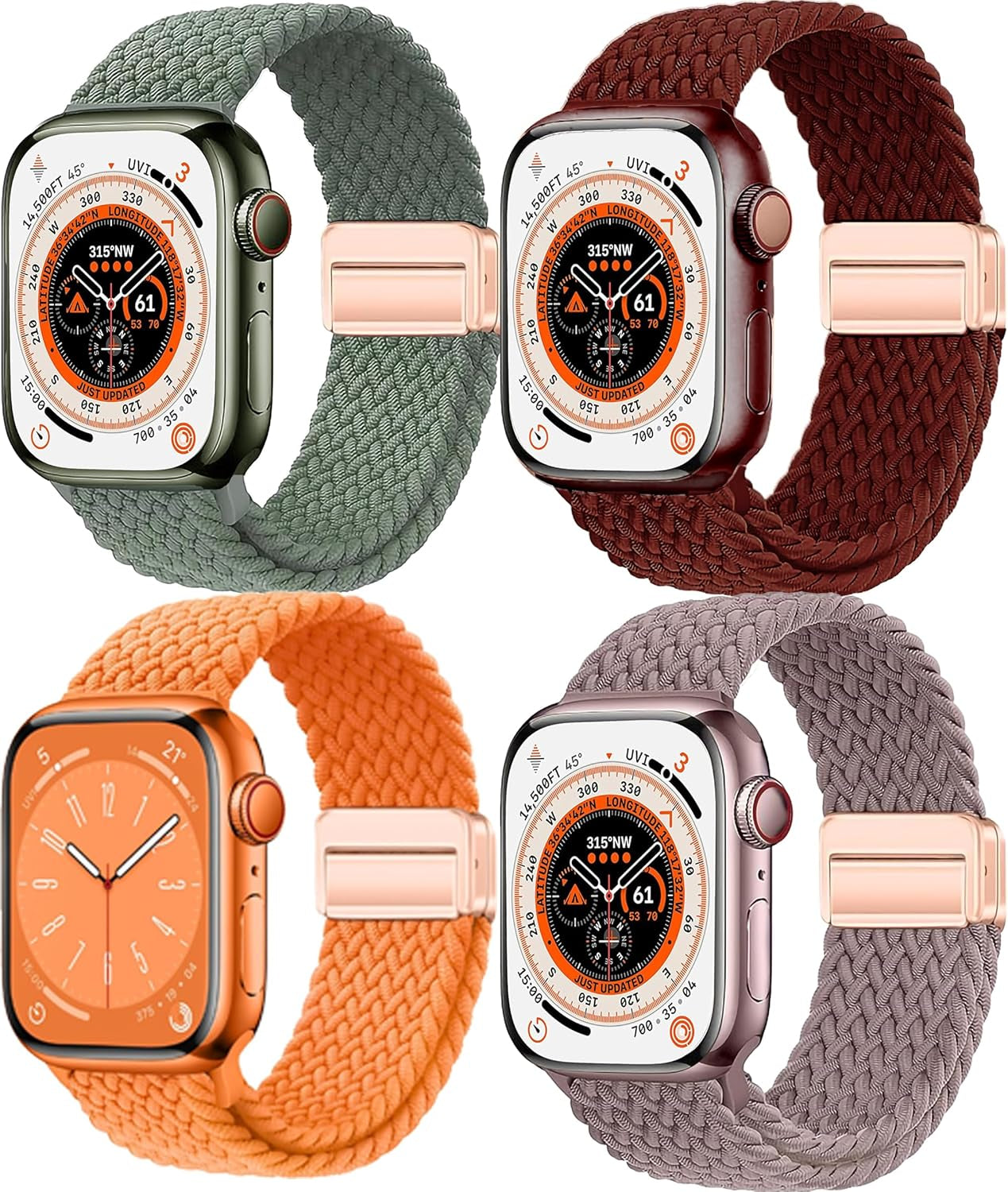 4 Pack Braided Magnetic Band Compatible with Apple Watch Women Men Kids 49Mm 45Mm 44Mm 42Mm 41Mm 40Mm 38Mm, Stretchy Nylon Sport Loop Strap for Iwatch Ultra 2/1 Series 9 8 SE 7 6 5 4 3 2 1