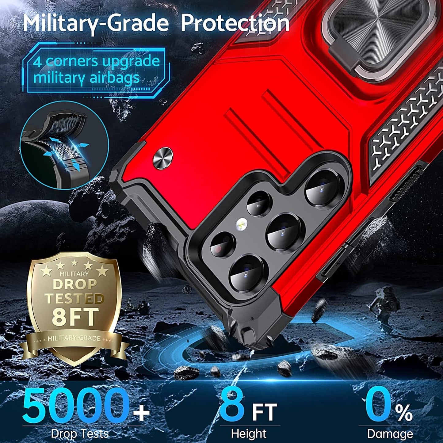 Anqrp Galaxy S22 Ultra Case, Military Grade Protective Phone Case Cover with Rotatable Metal Ring Kickstand [Support Magnet Mount] Compatible with Samsung Galaxy S22 Ultra, Lucky Red