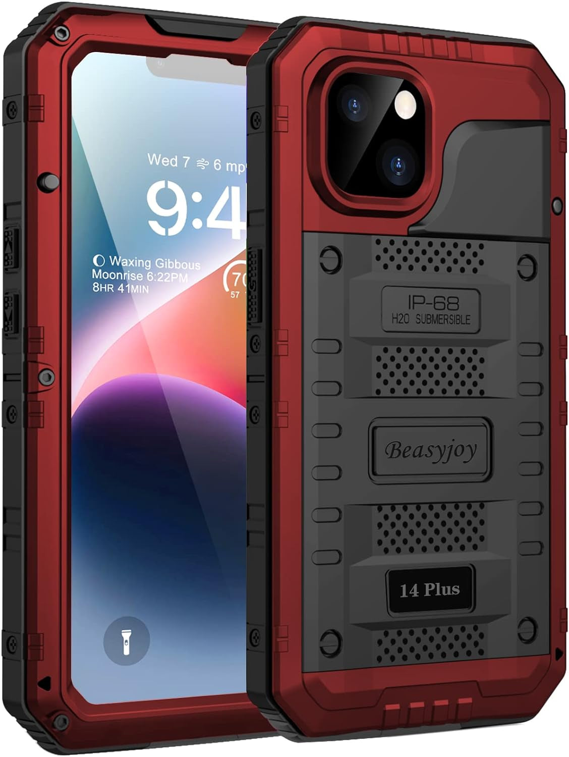Beasyjoy Waterproof Case for Iphone 14 Pro, Metal Full Body Sealed Phone Case with Built-In Screen Protector, Military Grade Heavy Duty Defender Armor Shockproof Rugged Case 6.1 Inch, Camo  Beasyjoy Red Iphone 14 Plus 