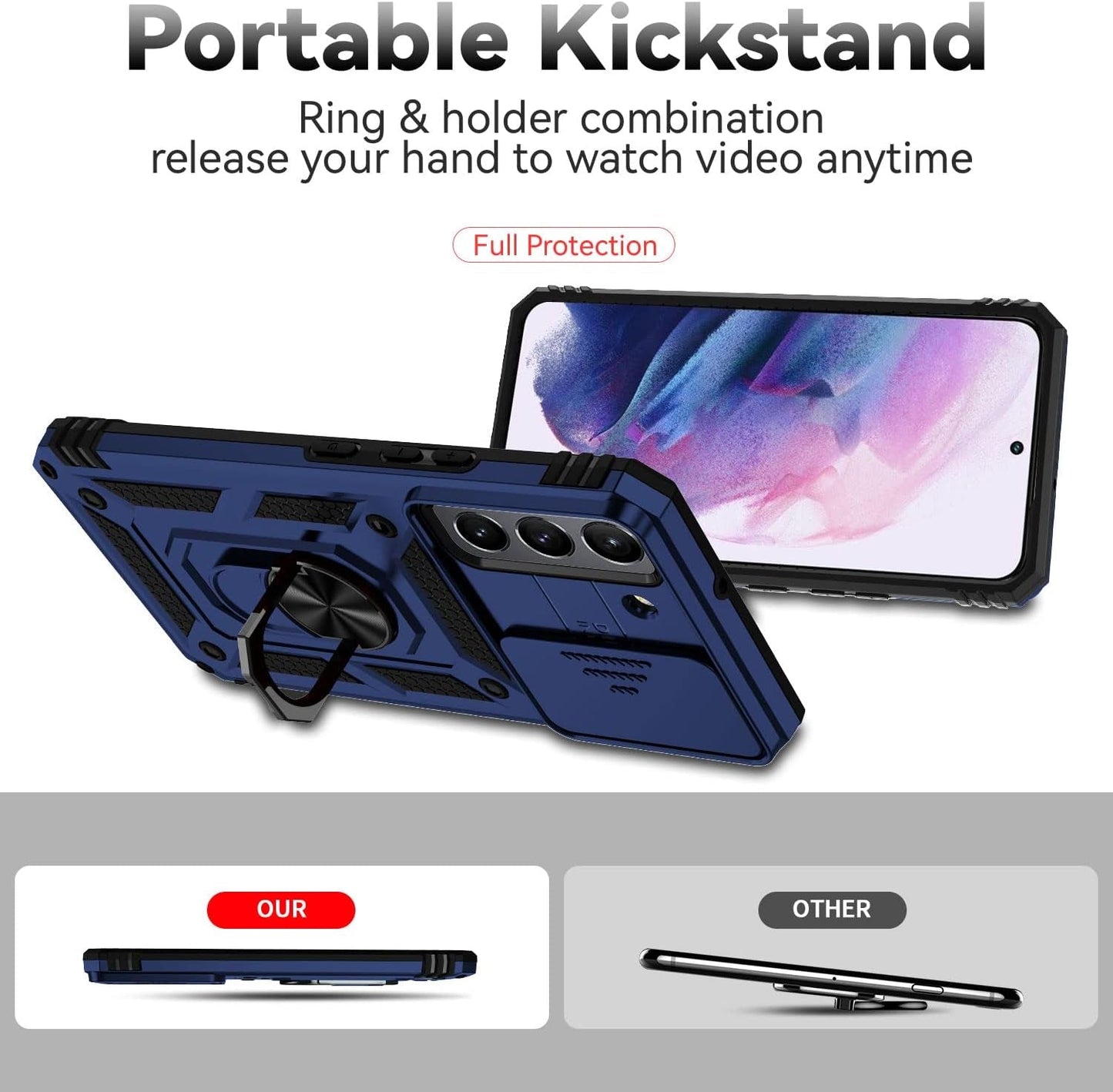 For Samsung Galaxy S22 plus Case with Camera Lens Cover HD Screen Protector, Military-Grade Drop Tested Magnetic Ring Holder Kickstand Protective Phone Case for Samsung Galaxy S22+ plus 5G (Navy Blue)