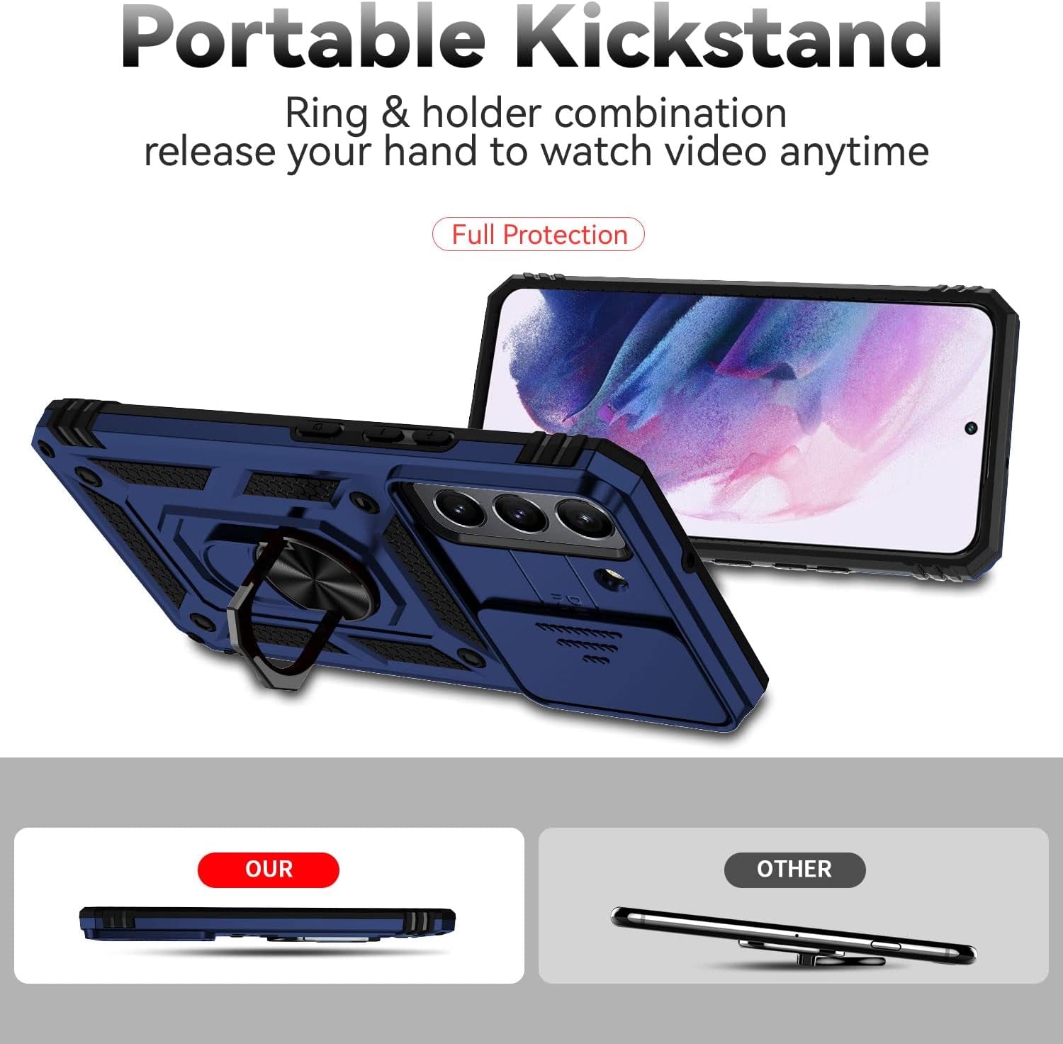 For Samsung Galaxy S22 plus Case with Camera Lens Cover HD Screen Protector, Military-Grade Drop Tested Magnetic Ring Holder Kickstand Protective Phone Case for Samsung Galaxy S22+ plus 5G (Navy Blue)