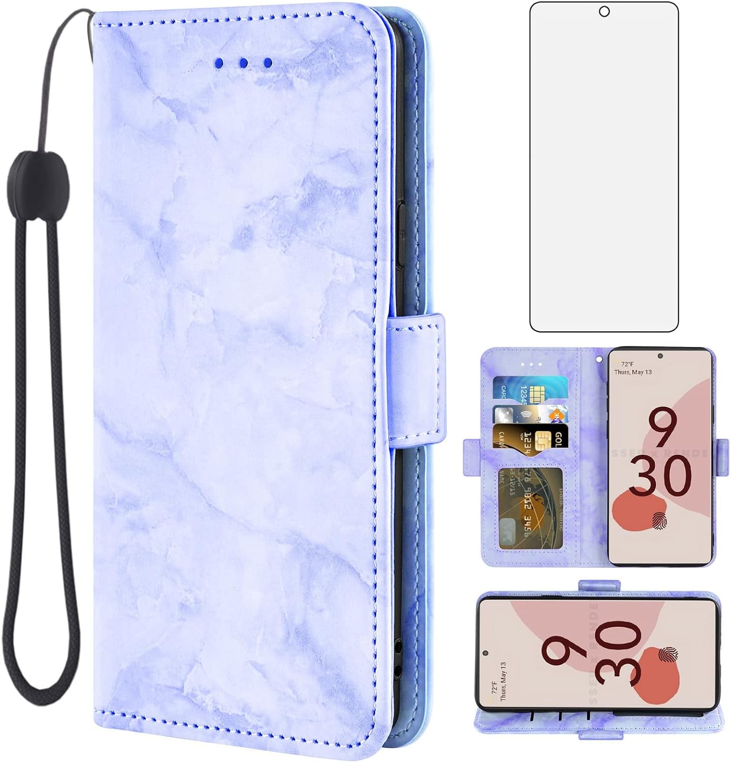 Asuwish Phone Case for Google Pixel 6A 5G 2022 with Tempered Glass Screen Protector and Marble Wallet Cover Flip Card Holder Slot Stand Leather Kickstand Cell Accessories Pixel6A Women Men Purple  Asuwish Purple  