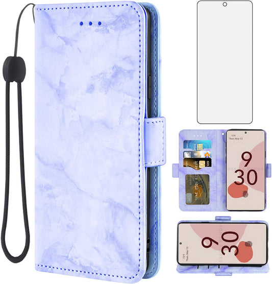 Asuwish Phone Case for Google Pixel 6A 5G 2022 with Tempered Glass Screen Protector and Marble Wallet Cover Flip Card Holder Slot Stand Leather Kickstand Cell Accessories Pixel6A Women Men Purple  Asuwish Purple  