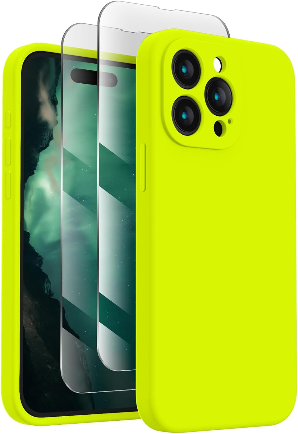 Firenova Designed for Iphone 15 Pro Case, Silicone Upgraded [Camera Protection] Phone Case with [2 Screen Protectors], Soft Anti-Scratch Microfiber Lining Inside, 6.1 Inch, Calke Green  FireNova Fluorescent Green  
