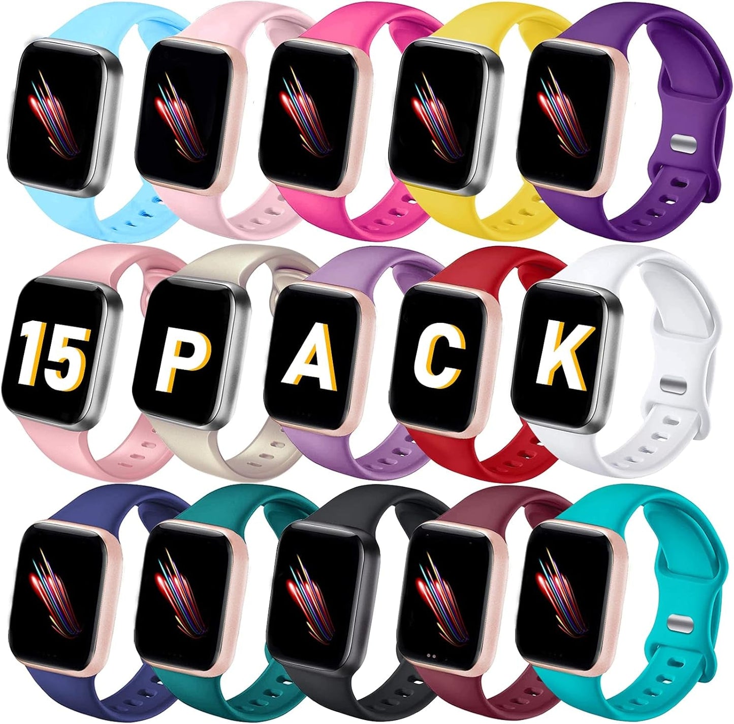 15 Pack Bands Compatible with Apple Watch Band 38Mm 40Mm 41Mm 42Mm 44Mm 45Mm 49Mm for Women Men, Soft Silicone Sport Replacement Strap Wristbands for Iwatch Series Ultra 8/7/6/5/4/3/2/1/ SE