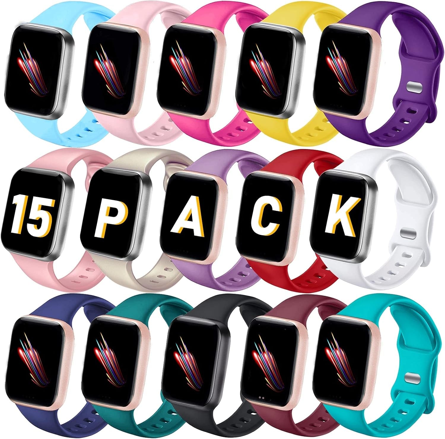 15 Pack Bands Compatible with Apple Watch Band 38Mm 40Mm 41Mm 42Mm 44Mm 45Mm 49Mm for Women Men, Soft Silicone Sport Replacement Strap Wristbands for Iwatch Series Ultra 8/7/6/5/4/3/2/1/ SE