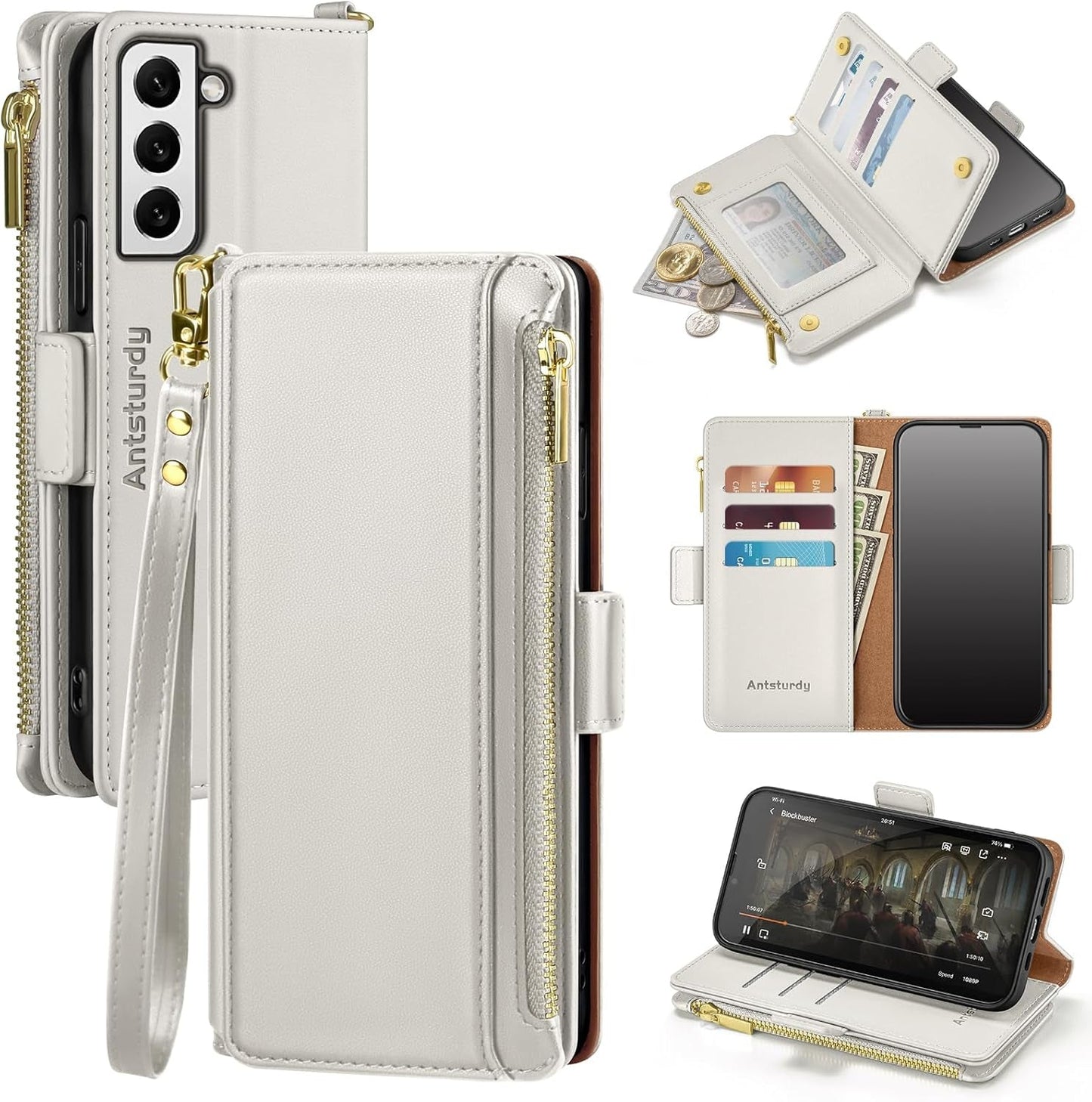 Antsturdy Samsung Galaxy S22+/S22 plus Case Wallet with Card Holder for Women Men,Galaxy S22+/S22 plus Phone Case RFID Blocking PU Leather Flip Cover with Strap Zipper Credit Card Slots,Light Purple