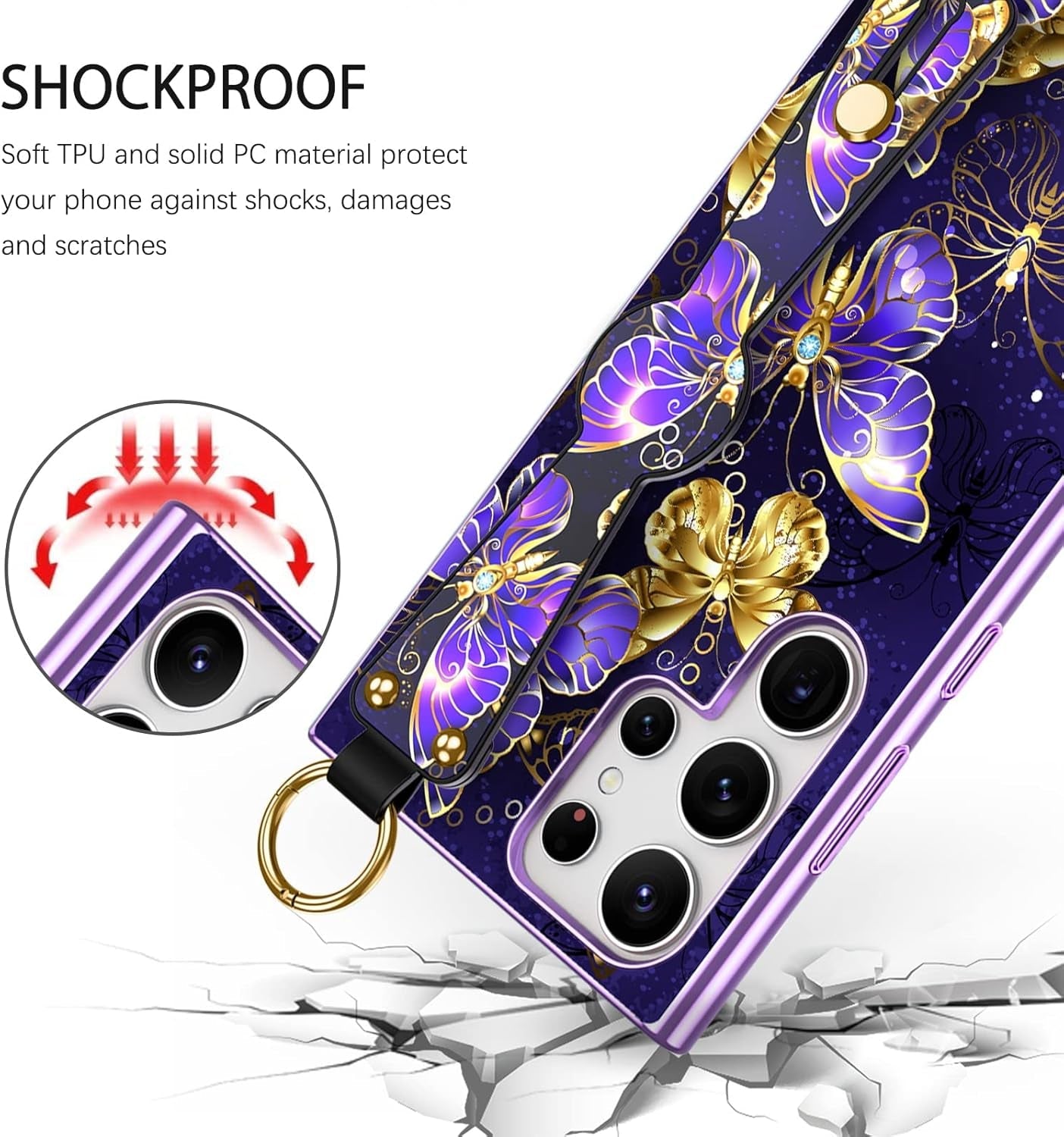 DUEDUE for Samsung Galaxy S22 Ultra Case, Glow in the Dark Butterfly Slim Cover with Hand Strap Hybrid Hard PC anti Slip Shockproof Full Protective Phone Case for Galaxy S22 Ultra 6.8", Purple