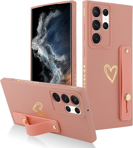 Fiyart Designed for Galaxy S22 Ultra Case with Phone Stand Holder Cute Love Hearts Pattern Slim Protective Camera Protection Cover with Wrist Strap for Women Girls for Galaxy S22 Ultra 6.8"-Pink