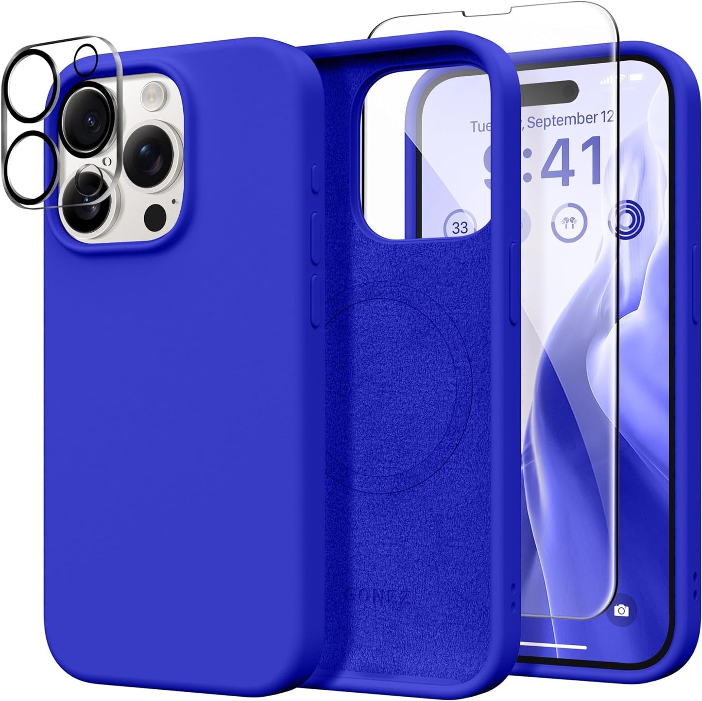 GONEZ for Iphone 15 Pro Case Compatible with Magsafe, [2X Screen Protector + 2X Camera Lens Protector], Soft Silicone Shockproof Anti-Scratch Full Body Protective Phone Case 6.1" 2023, Dark Grey  GONEZ Cobalt Blue  