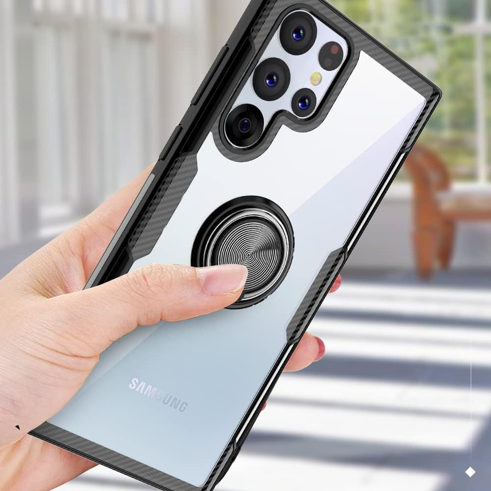 Galaxy S22 Ultra Case with 9H Tempered Glass Camera Screen Protector, Carbon Fiber Design Crystal Clear Cover with Rotation Ring Kickstand [Work with Magnetic Car Mount] for Samsung Galaxy S22 Ultra