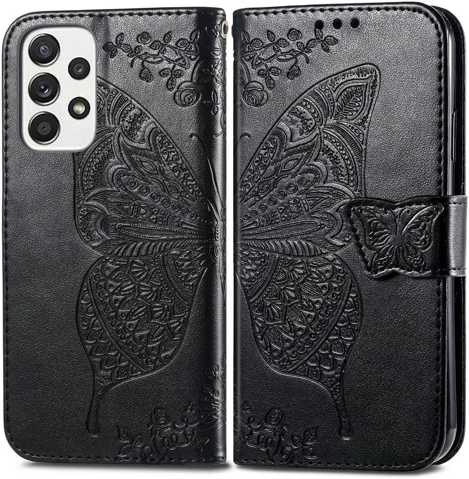 For Samsung Galaxy A53 5G Case Wallet,Women Flip Folio Cover with Butterfly Embossed PU Leather Credit Card Holder Slots Magnetic Wrist Strap Purse for Samsung A53 5G (Black)