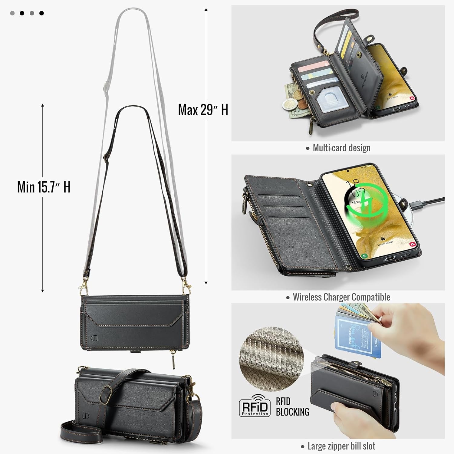 Crossbody for Samsung Galaxy S22 plus Case Wallet【Rfid Blocking】 with 10-Card Holder Zipper Bills Slot, PU Leather Magnetic Shoulder Strap for Galaxy S22 plus 5G Phone Case for Women,Black