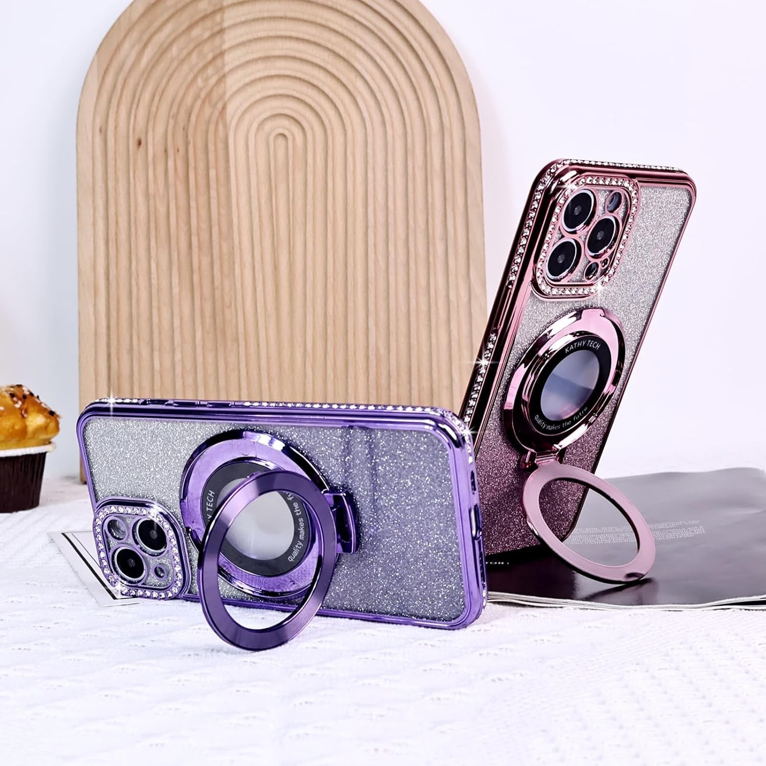 Fycyko Magnetic Case for Iphone 14 Pro with Holder Stand,Rhinestone Glitter Plated Bling Luxury Phone Case（Compatible with Magsafe） Shockproof Kickstand Design for Iphone 14 Pro-Purple  Fycyko   