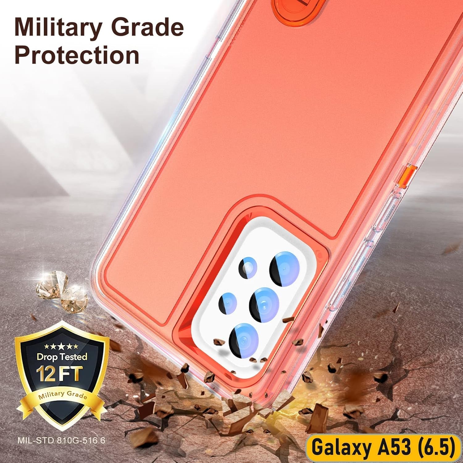 Case Is Specially Designed for Galaxy A53(5G) 6.5 Inch, Full Body Protection Heavy Duty Shock Absorbing 3 in 1 Silicone Rubber Built-In Stand with 2 Tempered Screen Protectors-Orange/Clear