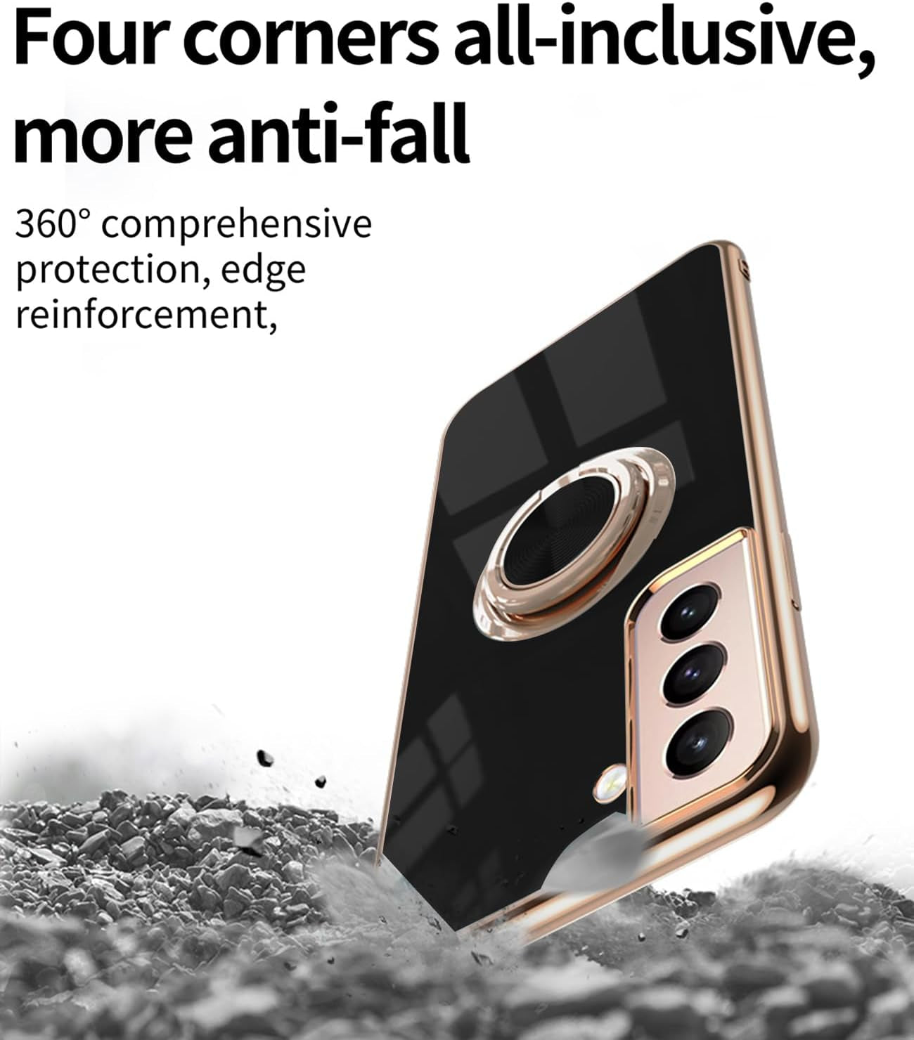 For Samsung Galaxy S22 5G Case, with 2 Screen Protector, Built-In 360° Ring Holder Magnetic Stand, Luxury Electroplated Plating Edge Shockproof Protective Phone Cover, Black