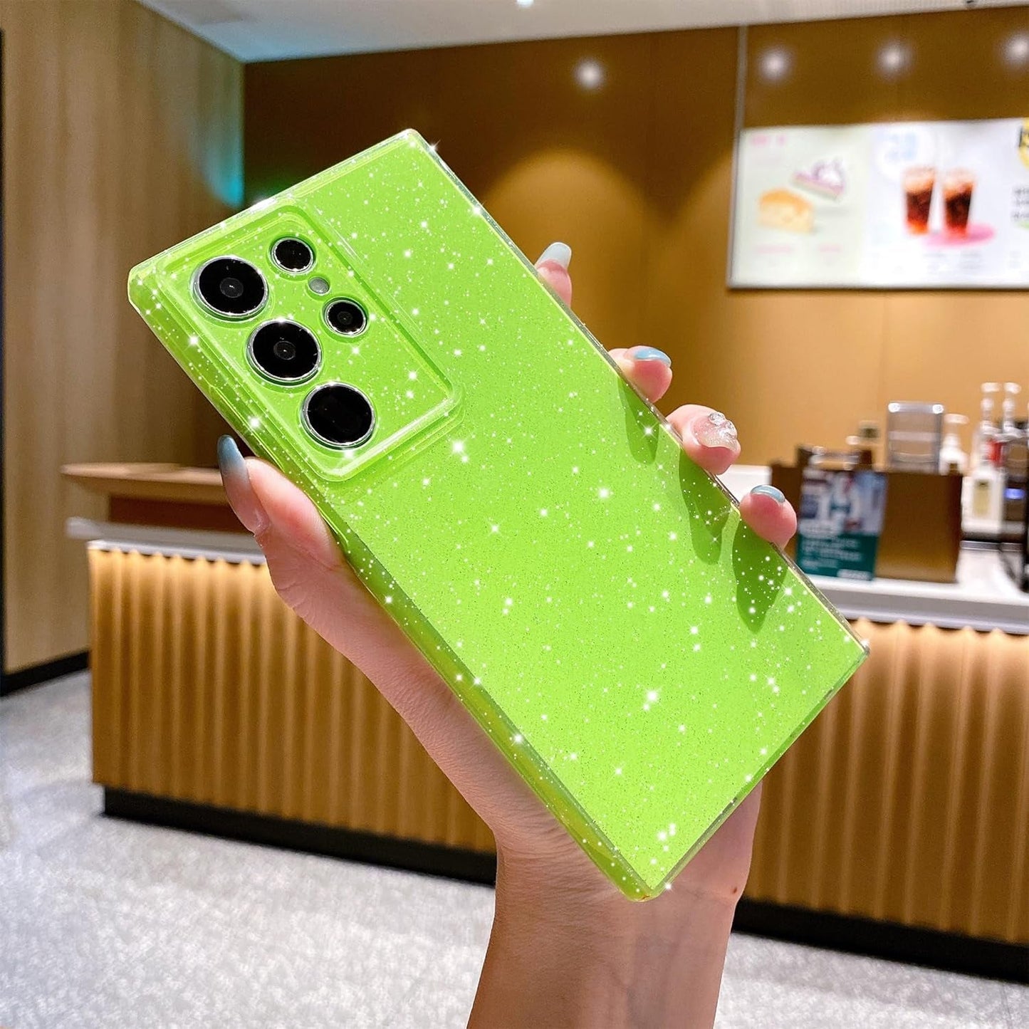 Cute Glitter Neon Case for Samsung Galaxy S22 Ultra Case, Slim Silicone Protective Sparkly Bling Phone Case for Women Girls (Bright Green)