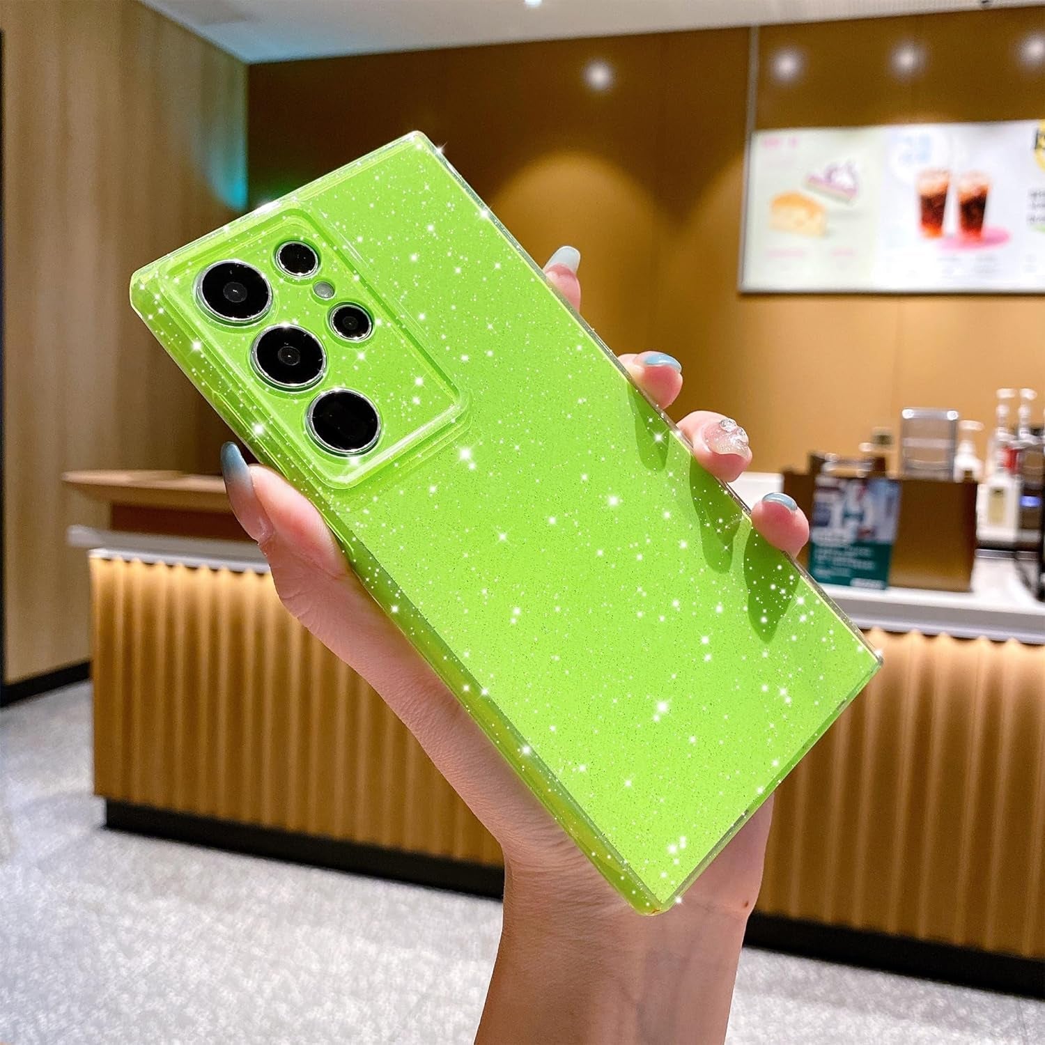 Cute Glitter Neon Case for Samsung Galaxy S22 Ultra Case, Slim Silicone Protective Sparkly Bling Phone Case for Women Girls (Bright Green)