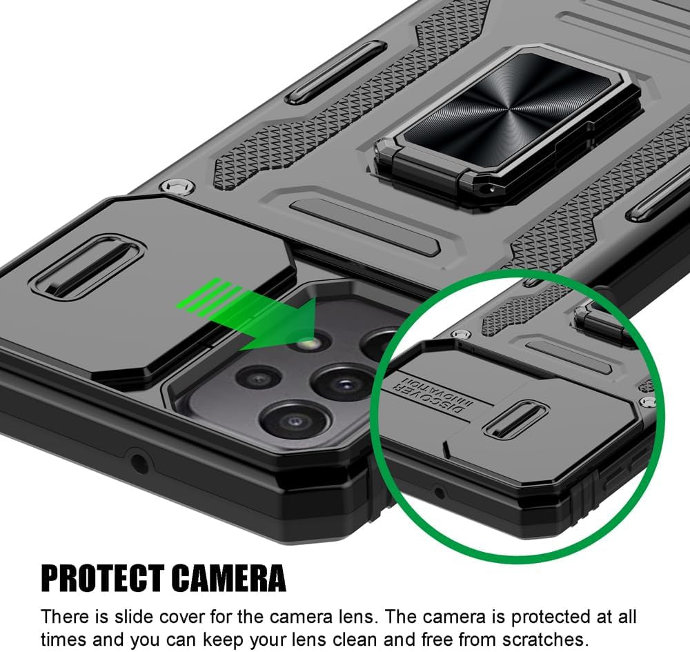 For Samsung Galaxy A53 5G Case, Shockproof Phone Case & Sliding Camera Cover & Ring Holder Kickstand with Screen Protector for Samsung Galaxy A53 5G (6.5", 2022) [Black]