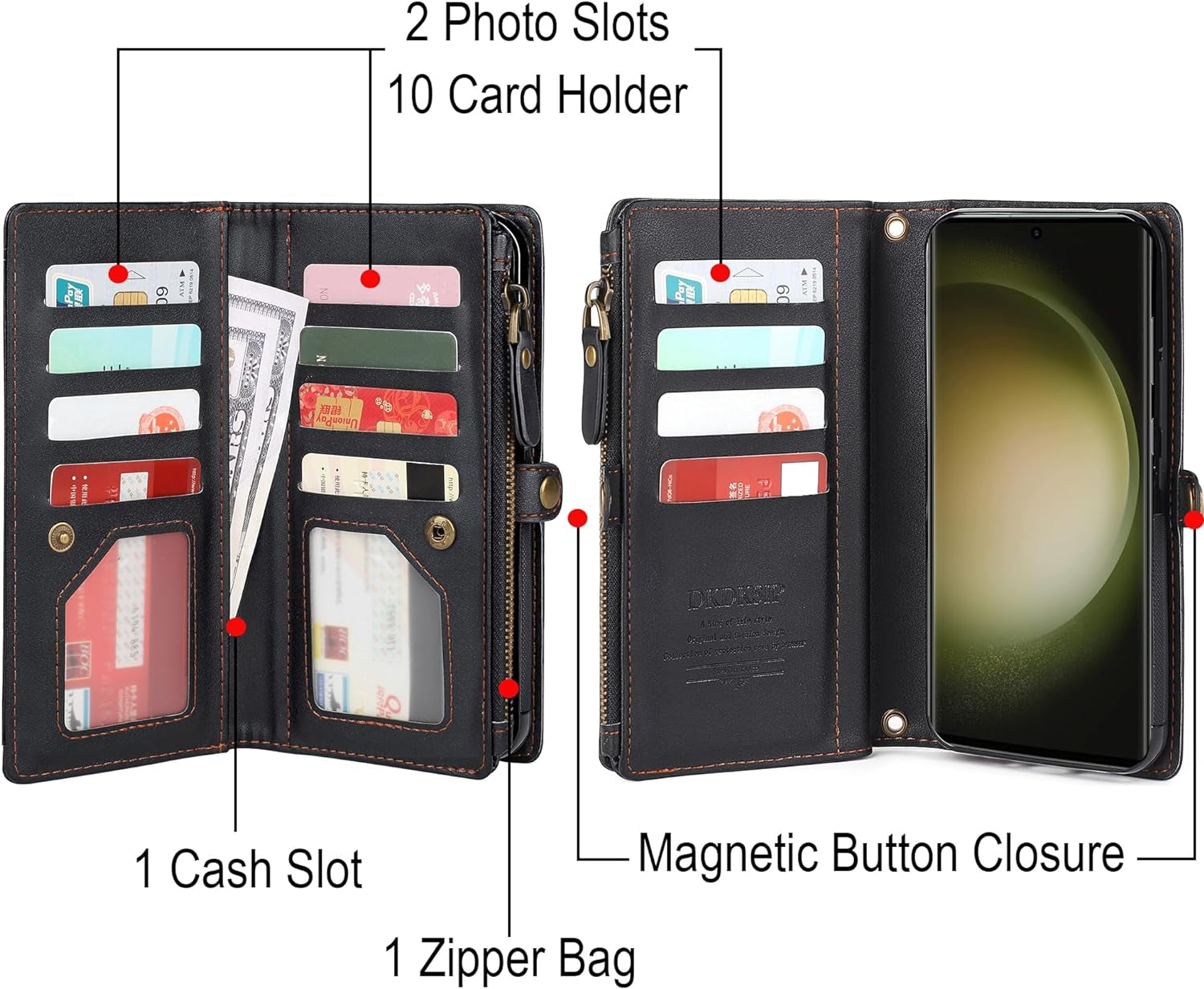 For Samsung Galaxy S22 Ultra Wallet Case for Women, Support Wireless Charging with RFID Blocking Card Holder, Leather Zipper Detachable Magnetic Phone Case with Crossbody Strap Lanyard, Black