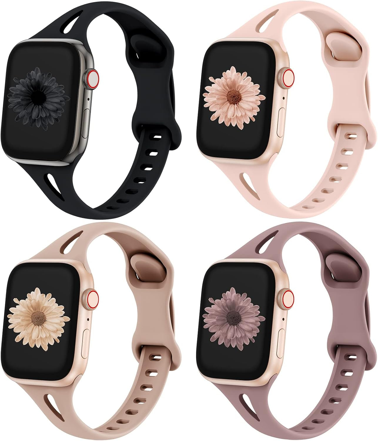 Distore 4 Pack Slim Thin Bands Compatible with Apple Watch 38Mm 40Mm 41Mm 42Mm 44Mm 45Mm 49Mm, Replacement Water Drop Hollow Silicone Sport Strap for Iwatch Series 8/7/6/5/4/3/2/1 Ultra SE Women Men