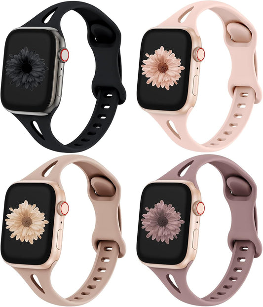Distore 4 Pack Slim Thin Bands Compatible with Apple Watch 38Mm 40Mm 41Mm 42Mm 44Mm 45Mm 49Mm, Replacement Water Drop Hollow Silicone Sport Strap for Iwatch Series 8/7/6/5/4/3/2/1 Ultra SE Women Men