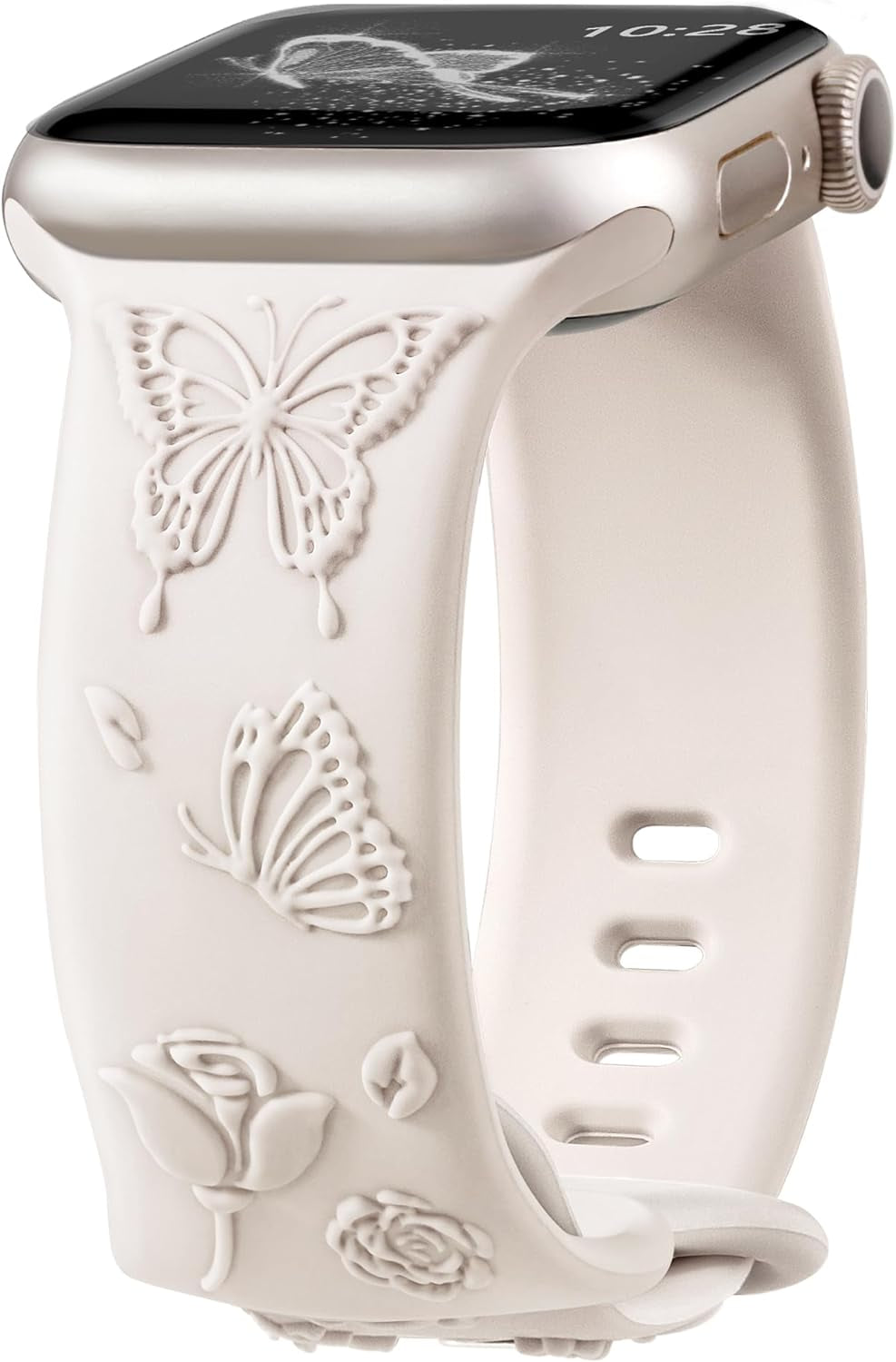 Floral Butterfly Engraved Band Compatible with Apple Watch Bands for Women 40Mm 41Mm 38Mm, Soft Silicone Sport Iwatch Bands for Apple Watch Series 9 Band SE Series 8 7 6 5 4 3 2 1-White