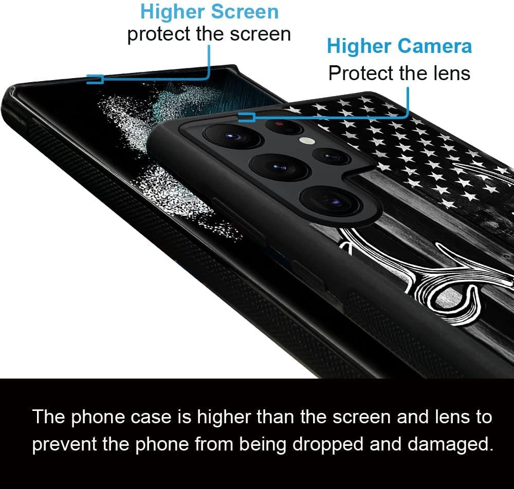 DJSOK Case Compatible with Samsung Galaxy S22 plus Case, Black Wood Grain USA American Flag Hunter Deer Pattern Design Pattern Back+Soft Silicone Protective Case
