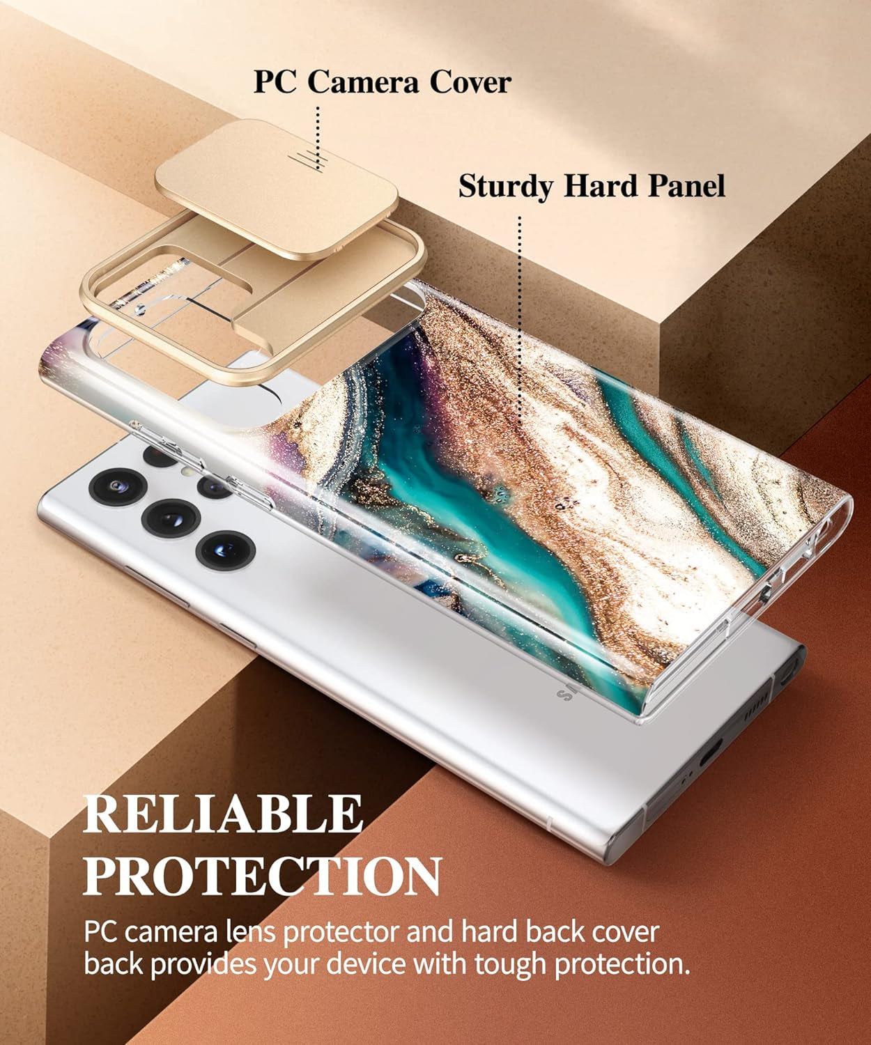 GVIEWIN Designed for Samsung Galaxy S22 Ultra Case with Slide Camera Cover, [Military Grade Drop Protection] Marble Slim Fit Shockproof Protective Phone Case for S22 Ultra 5G 6.8" 2022(Drift Sand)