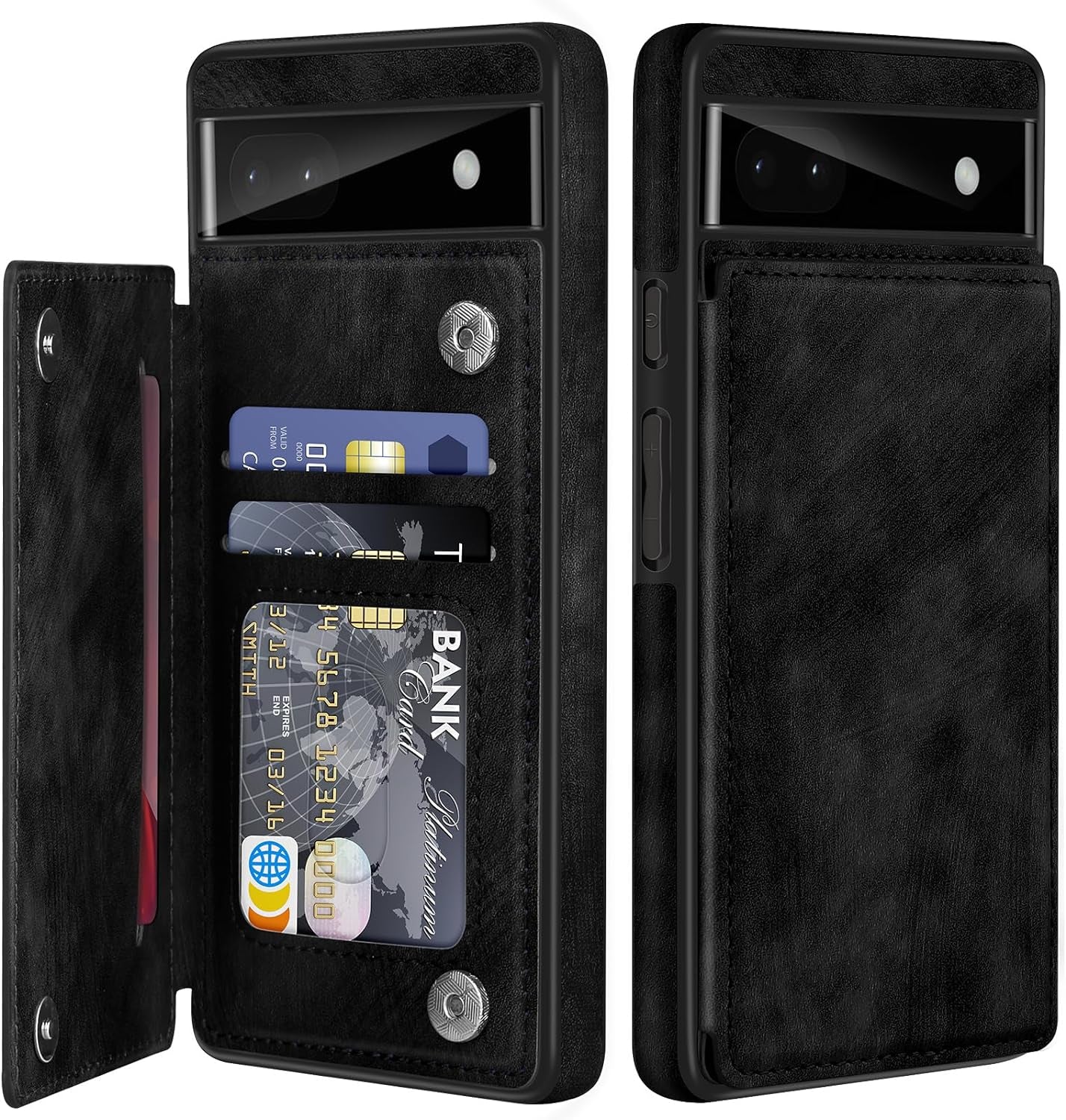 For Google Pixel 6A Case Leather Wallet with Card Holder, Flip Cover Kickstand Card Slots Magnetic Closure Shockproof Heavy Duty Protective Case for Google Pixel 6A 6.1Inch 5G-Rose Gold  Bizzib Fashion Black  