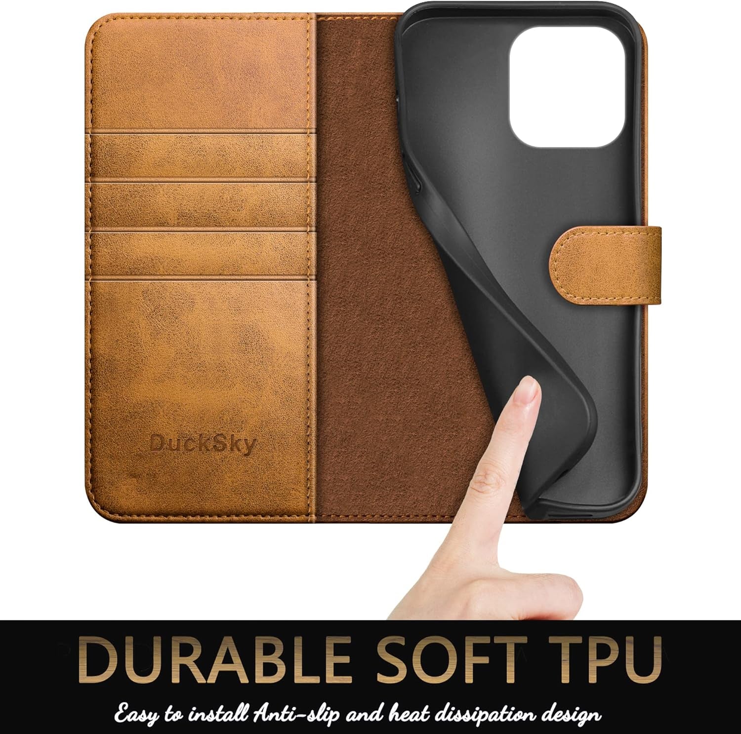 Ducksky for Iphone 15 Pro 6.1" Genuine Leather Wallet Case 【RFID Blocking】【4 Credit Card Holder】【Real Leather】 Flip Folio Book Phone Case Protective Cover Women Men for Apple 15 Pro Case Khaki  DuckSky   