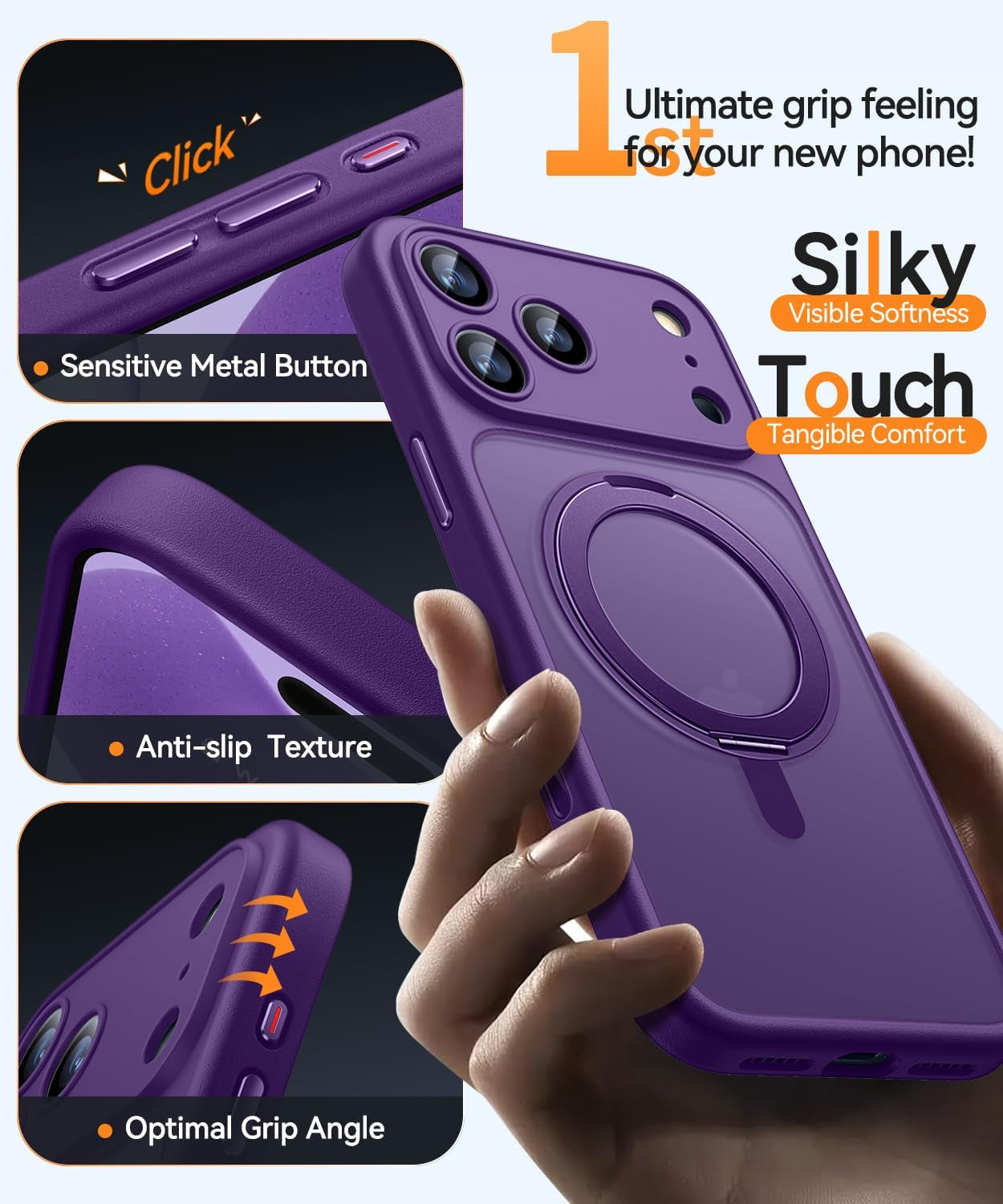 CANSHN 360° Spin Magnetic Stand for Iphone 17 Pro Max Case with Camera Control [Full Camera Protection] [Compatible with Magsafe] Translucent Matte Shockproof Protective Phone Cover 6.9" -Deep Purple