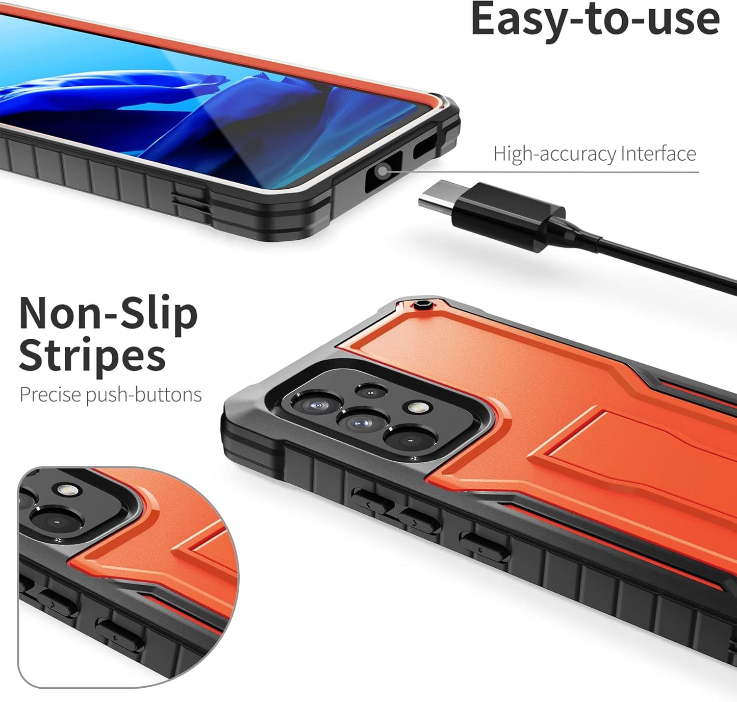 Exoguard for Samsung Galaxy A53 Case, Rubber Shockproof Full-Body Cover Case with Screen Protector for Samsung A53 5G Phone, Built-In Kickstand (Orange)