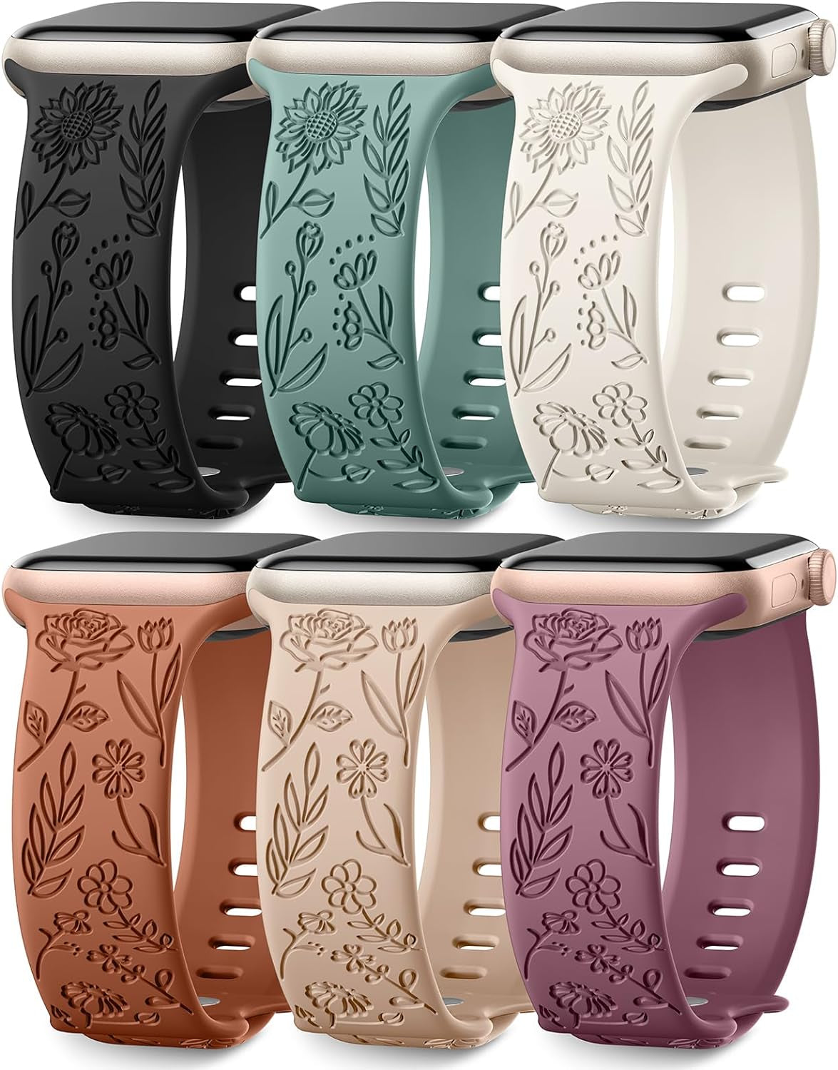 6 Pack Floral Engraved Bands Compatible with Apple Watch Band 44Mm 40Mm 38Mm 41Mm 45Mm 49Mm 42Mm Women, Soft Silicone Cute Flower Pattern Sport Strap for Iwatch Bands Series Ultra Ultra 2 SE 9 8 7 6 5 4 3 2 1